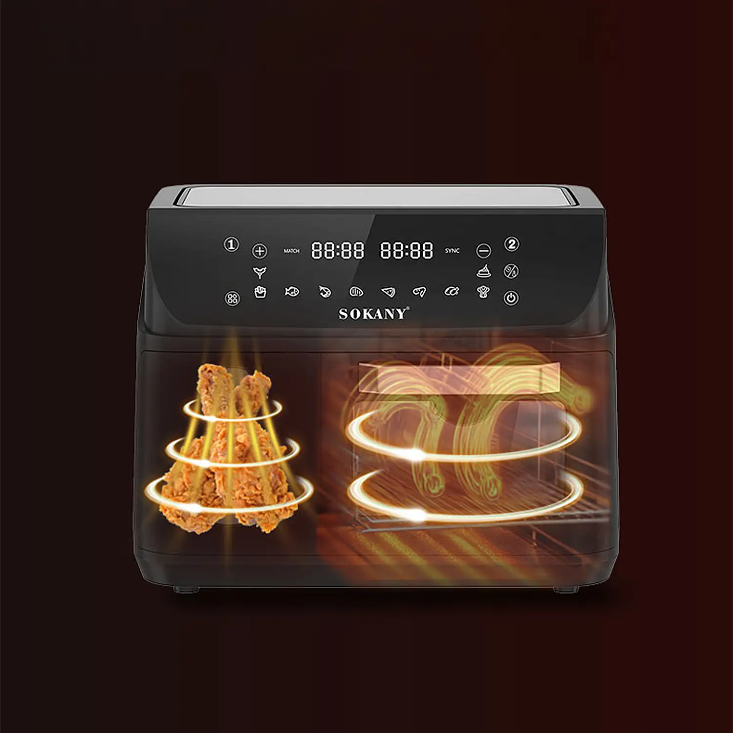Freidora de aire y horno con 12,5L de capacidad, compartimento de 8,5L + cesta de 4L. Panel digital táctil, 2400W de potencia y ventana de visualización.