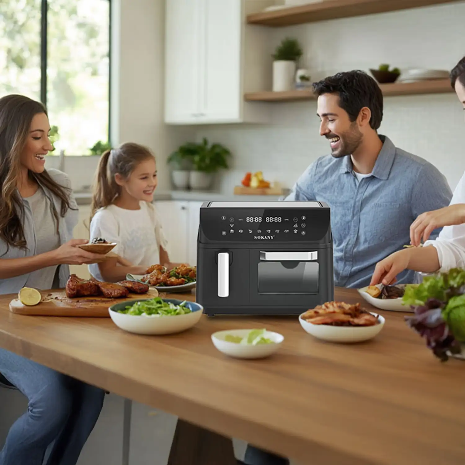 Freidora de aire y horno con 12,5L de capacidad, compartimento de 8,5L + cesta de 4L. Panel digital táctil, 2400W de potencia y ventana de visualización.