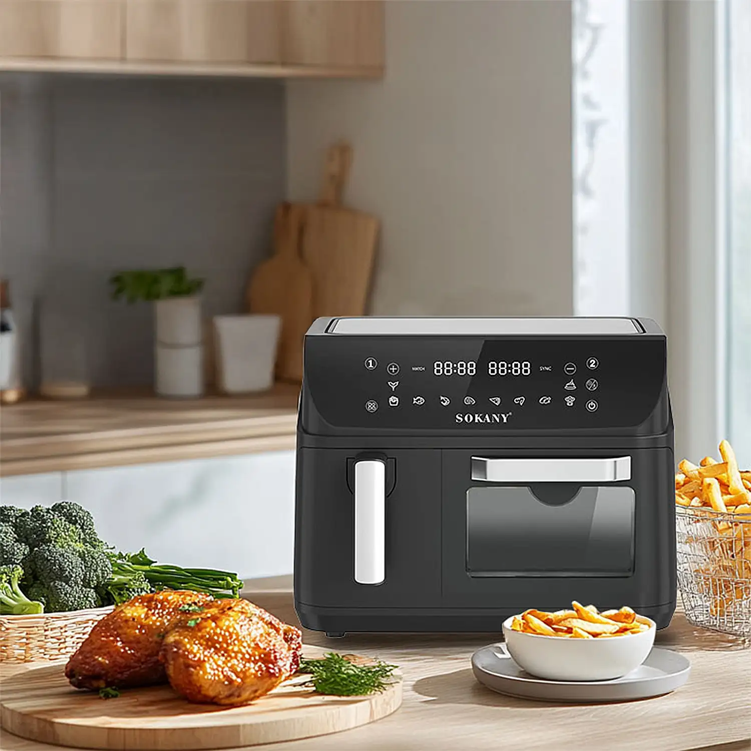 Freidora de aire y horno con 12,5L de capacidad, compartimento de 8,5L + cesta de 4L. Panel digital táctil, 2400W de potencia y ventana de visualización.