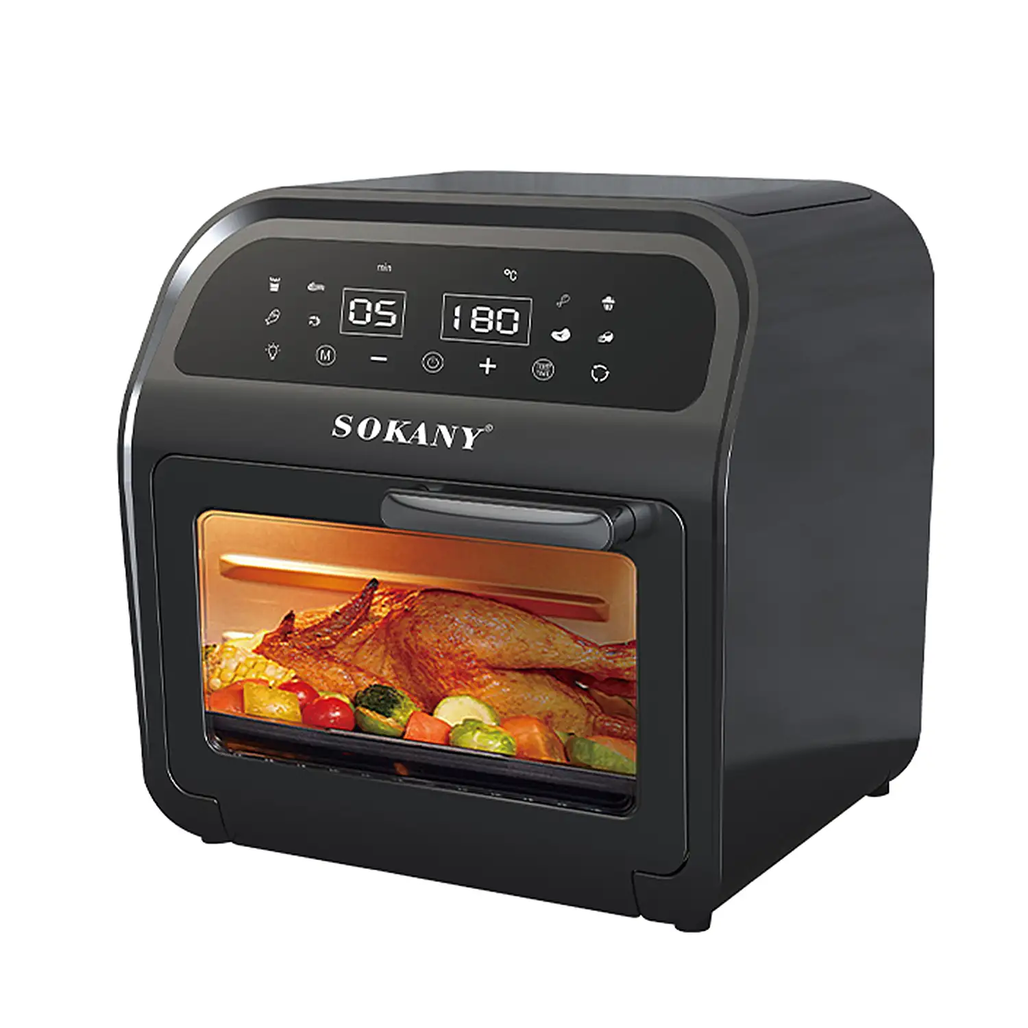 Horno freidora de aire con 16 litros de capacidad. Panel digital táctil, 2500W de potencia y ventana de visualización.