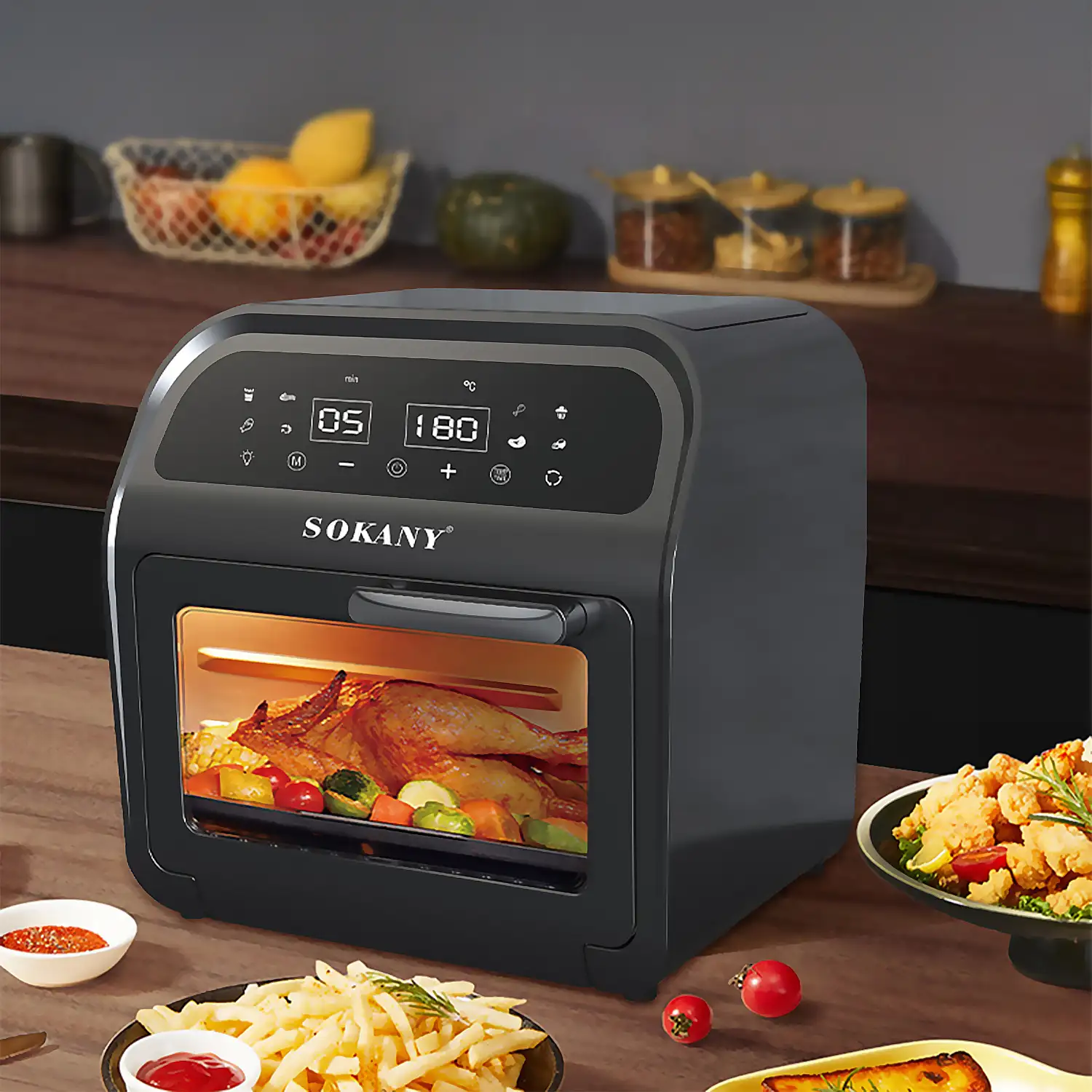 Horno freidora de aire con 16 litros de capacidad. Panel digital táctil, 2500W de potencia y ventana de visualización.