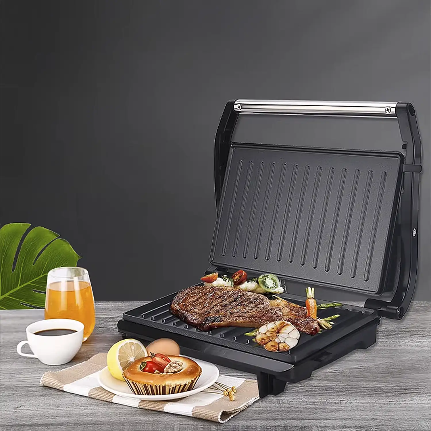 Gril de 1200W. Doble placa de cocción, antiadherente, lavable en lavavajillas.