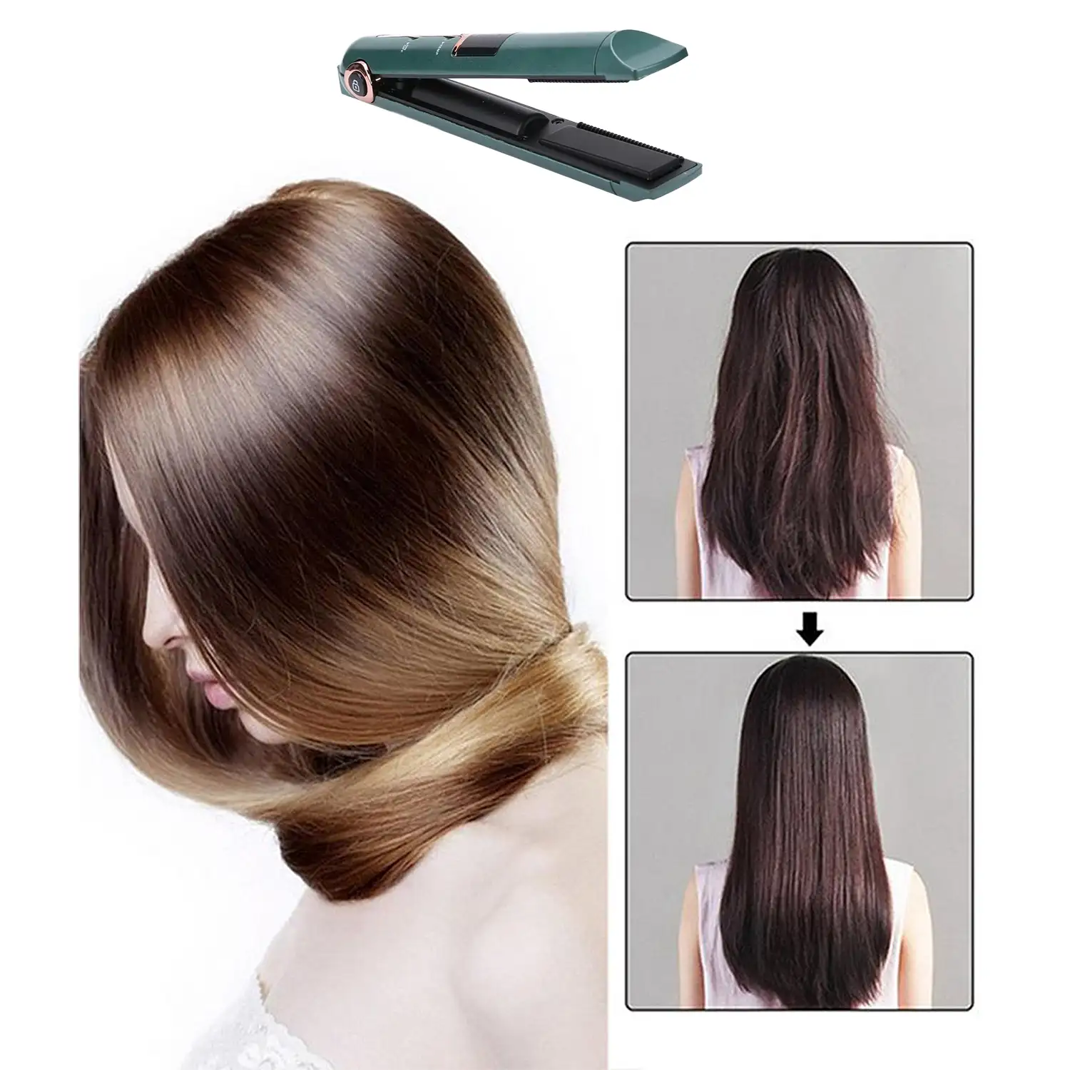 Plancha de pelo inalámbrica 2 en 1, rizado y alisado. Con 3 niveles de potencia y pantalla LED con indicador de carga.