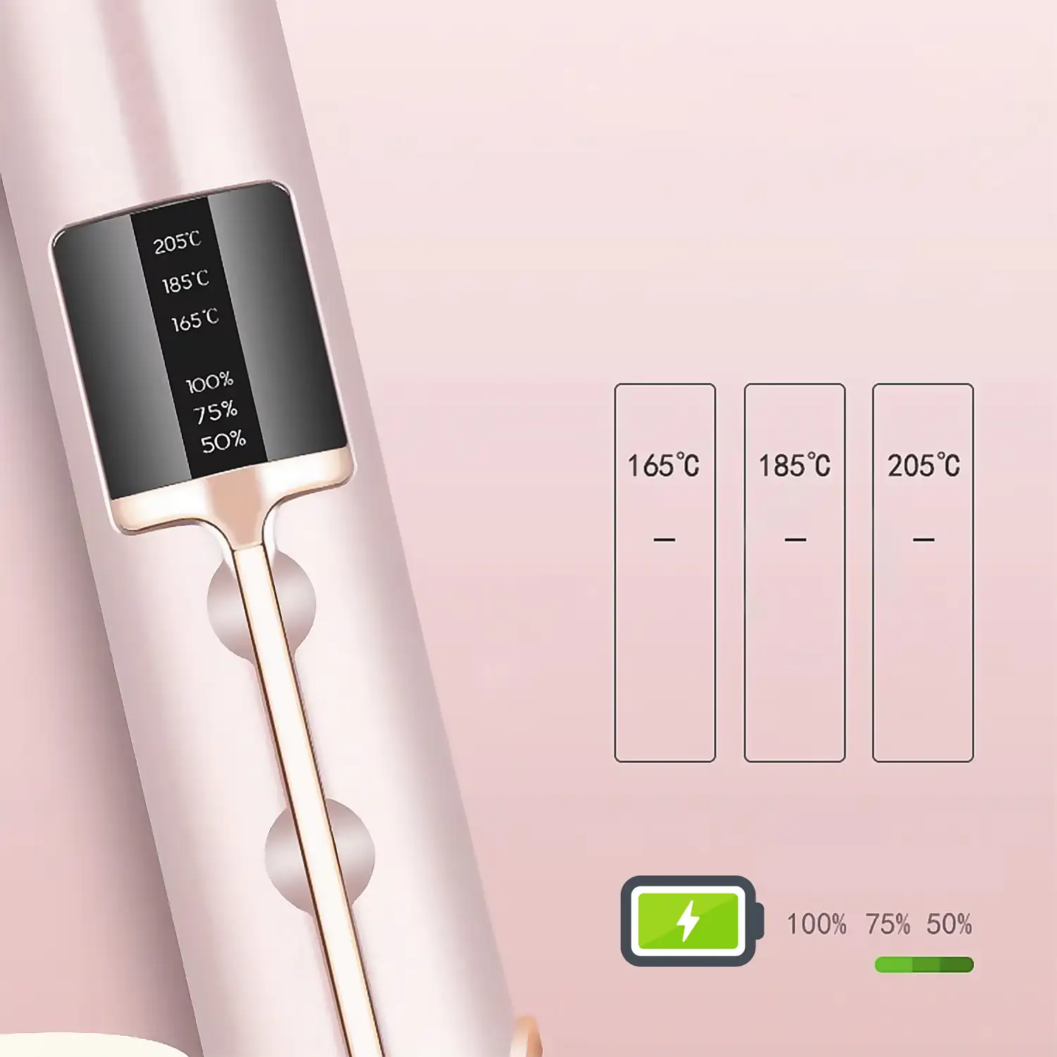Plancha de pelo inalámbrica 2 en 1, rizado y alisado. Con 3 niveles de potencia y pantalla LED con indicador de carga.