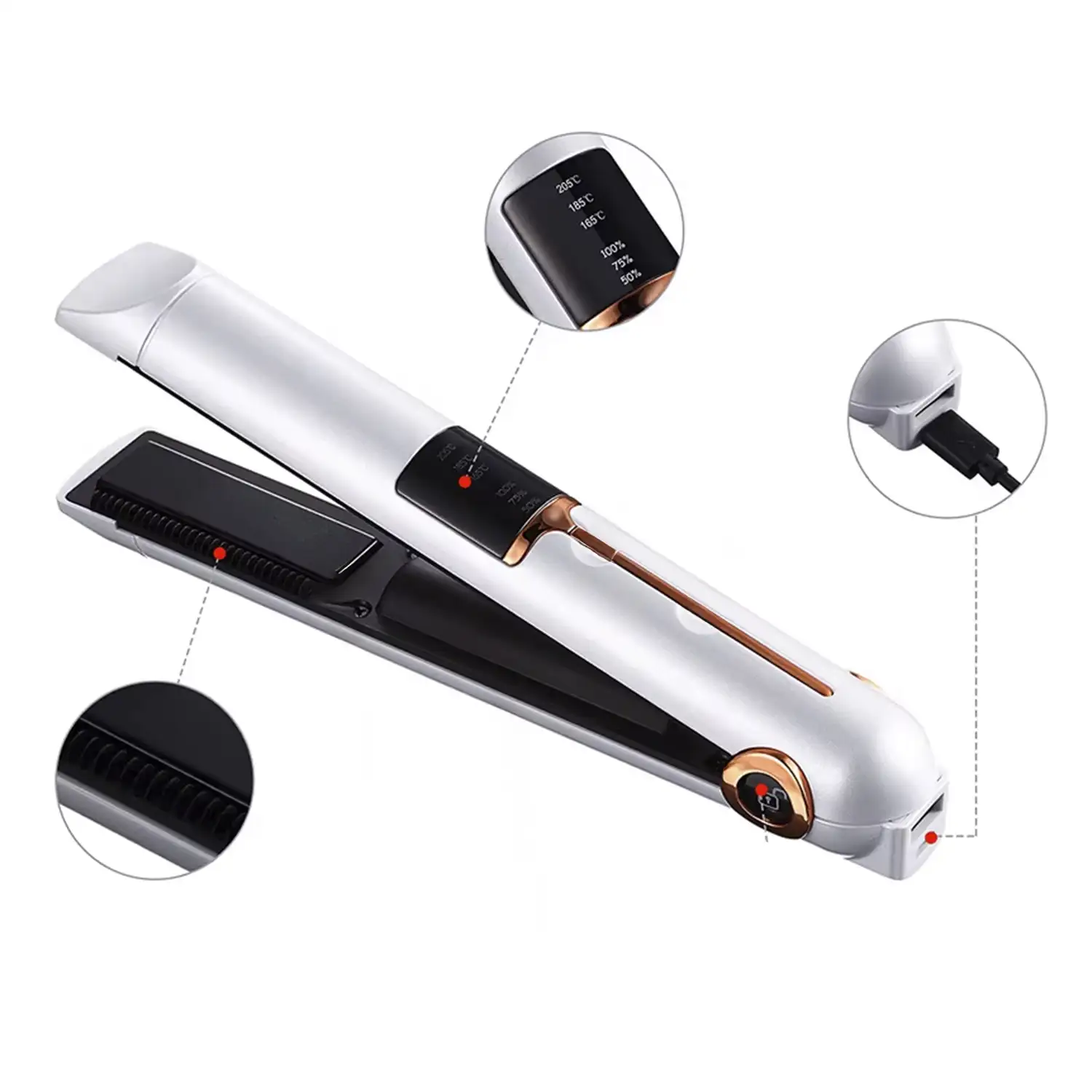 Plancha de pelo inalámbrica 2 en 1, rizado y alisado. Con 3 niveles de potencia y pantalla LED con indicador de carga.