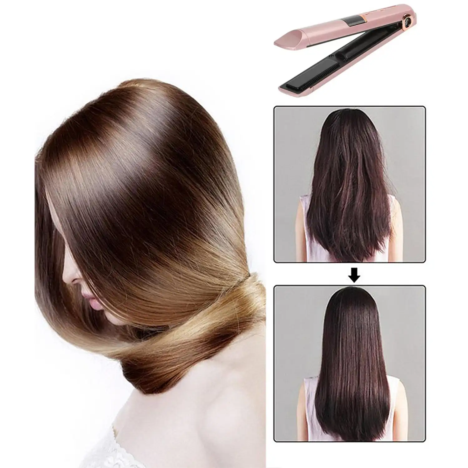 Plancha de pelo inalámbrica 2 en 1, rizado y alisado. Con 3 niveles de potencia y pantalla LED con indicador de carga.