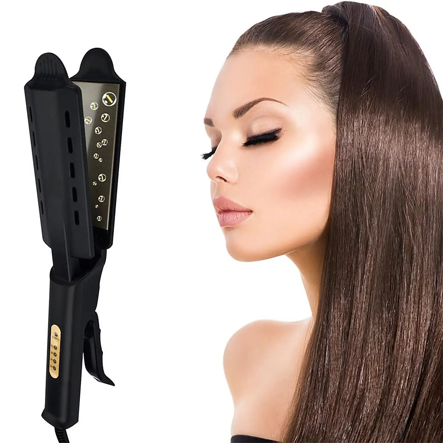Plancha de pelo con indicador de temperatura y 4 niveles de calor.