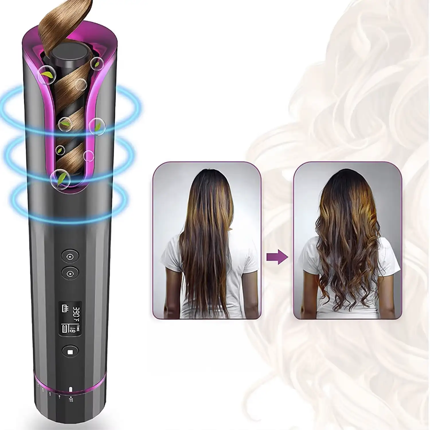 Rizador de pelo con giro automático, 4 niveles de temperatura y 6 ajustes de temporización.