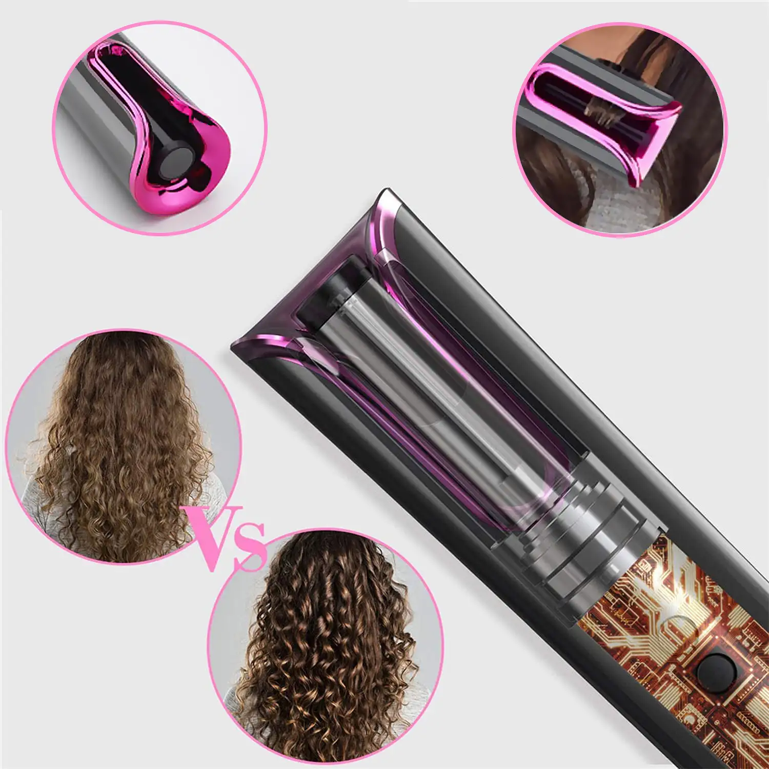 Rizador de pelo con giro automático, 4 niveles de temperatura y 6 ajustes de temporización.