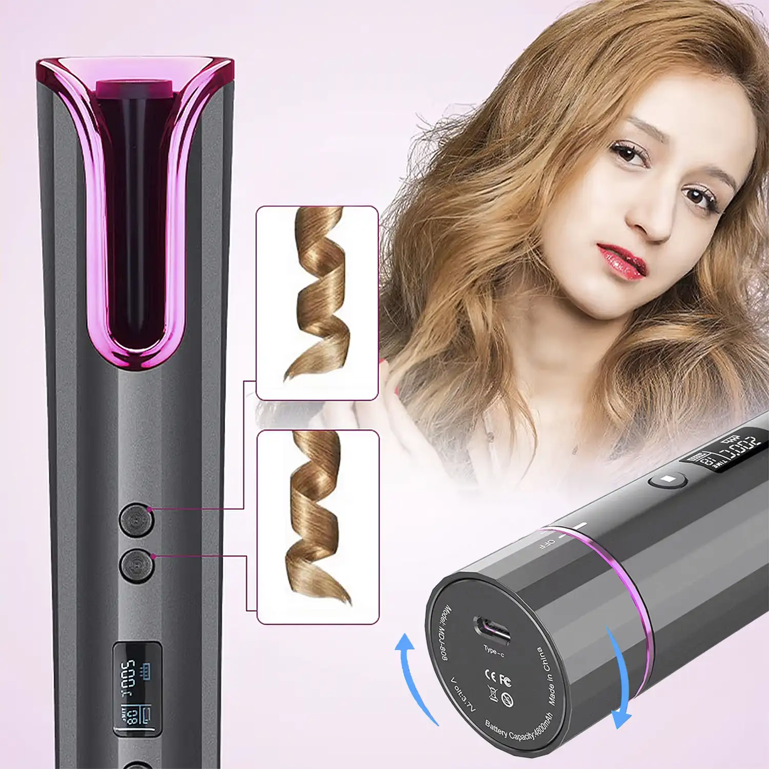 Rizador de pelo con giro automático, 4 niveles de temperatura y 6 ajustes de temporización.