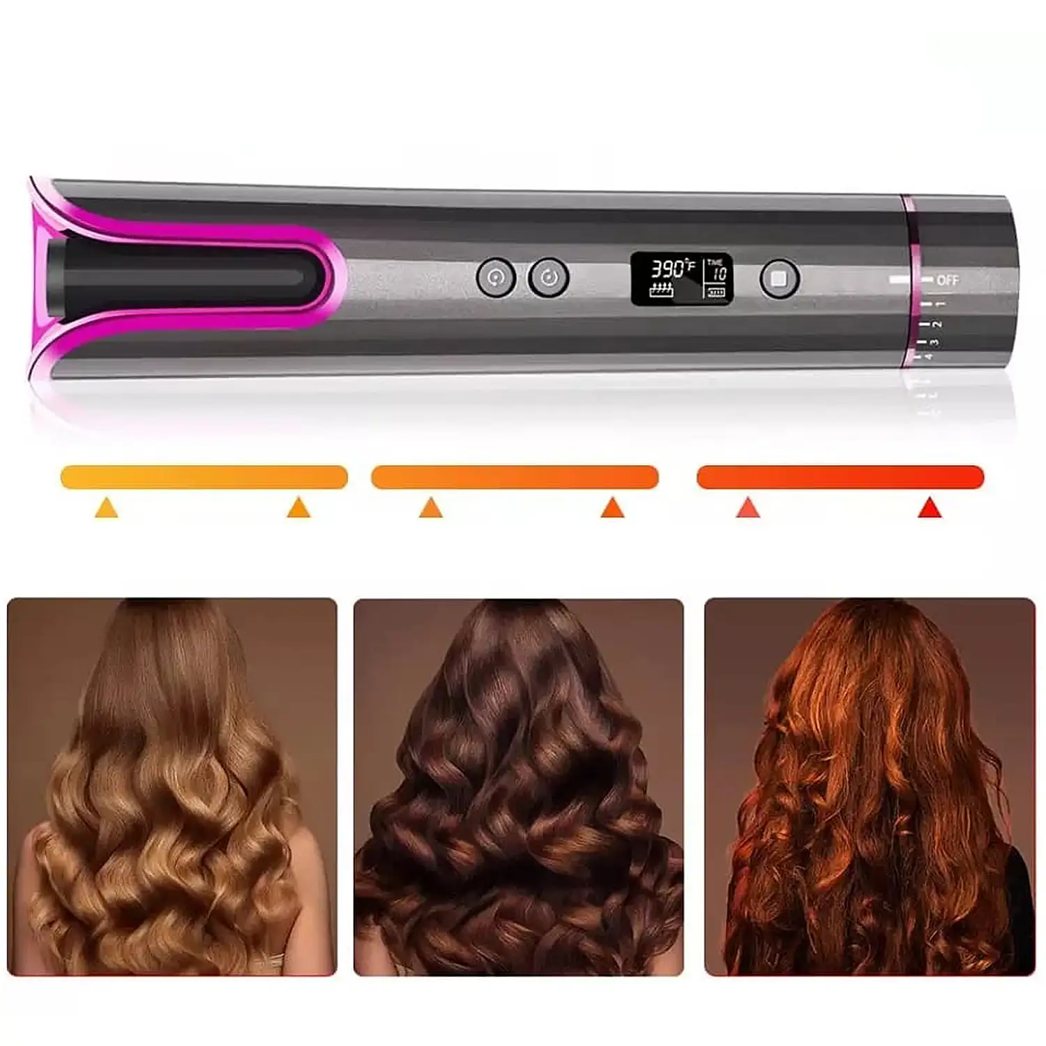 Rizador de pelo con giro automático, 4 niveles de temperatura y 6 ajustes de temporización.