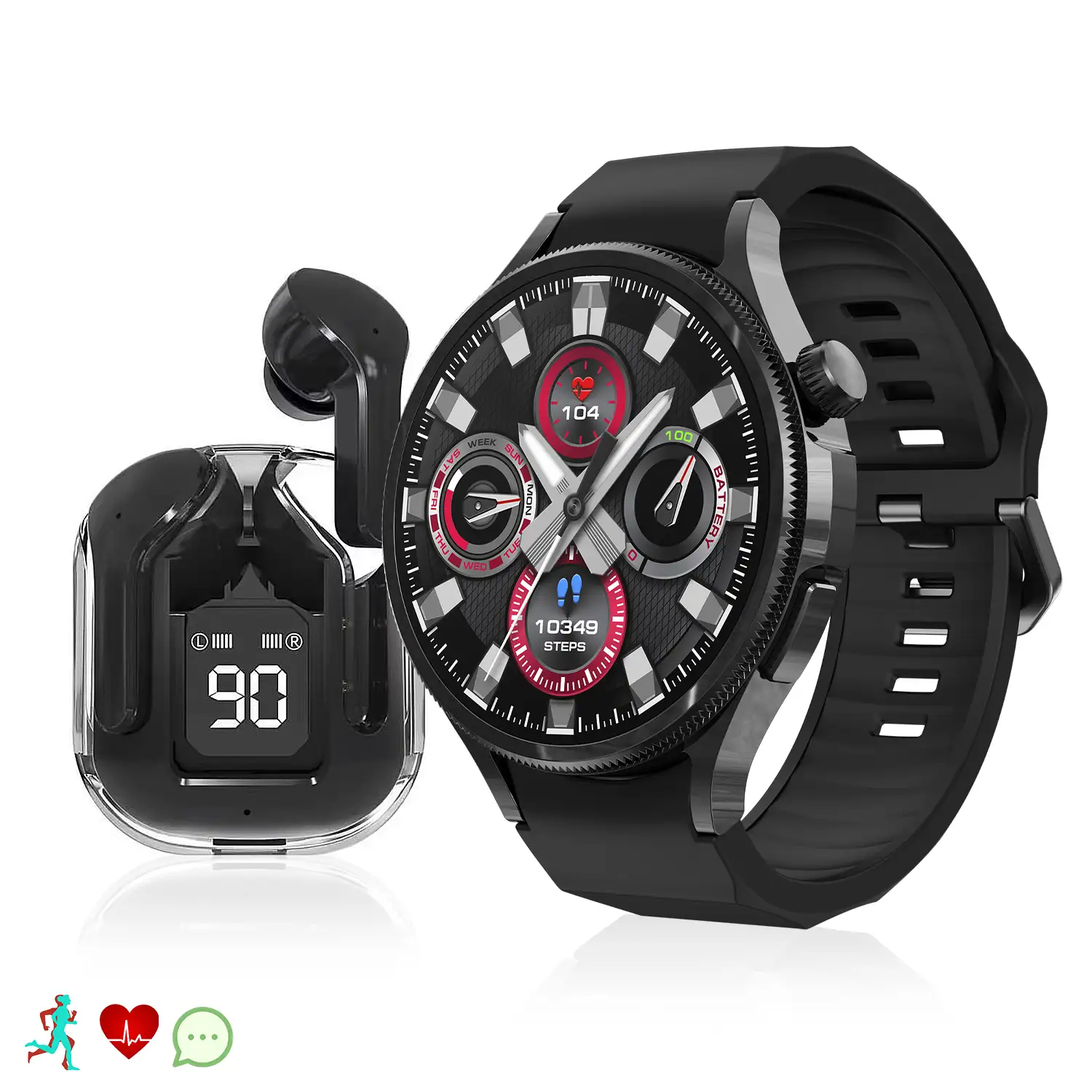Smartwatch M103 con monitor cardiovascular, varios modos de deporte. Correa de metal + correa de silicona y auriculares TWS.