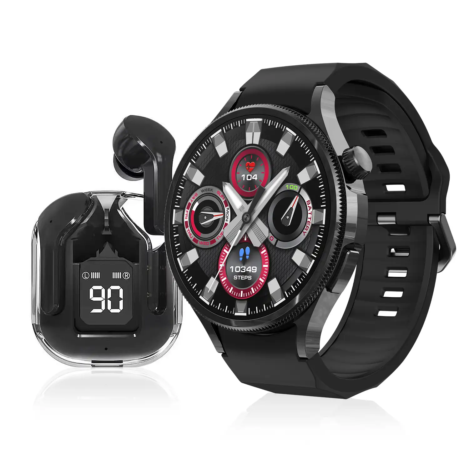 Smartwatch M103 con monitor cardiovascular, varios modos de deporte. Correa de metal + correa de silicona y auriculares TWS.