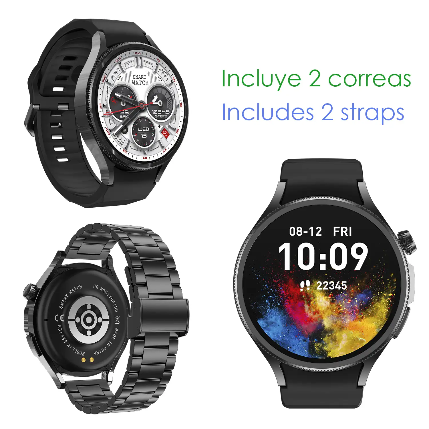 Smartwatch M103 con monitor cardiovascular, varios modos de deporte. Correa de metal + correa de silicona y auriculares TWS.