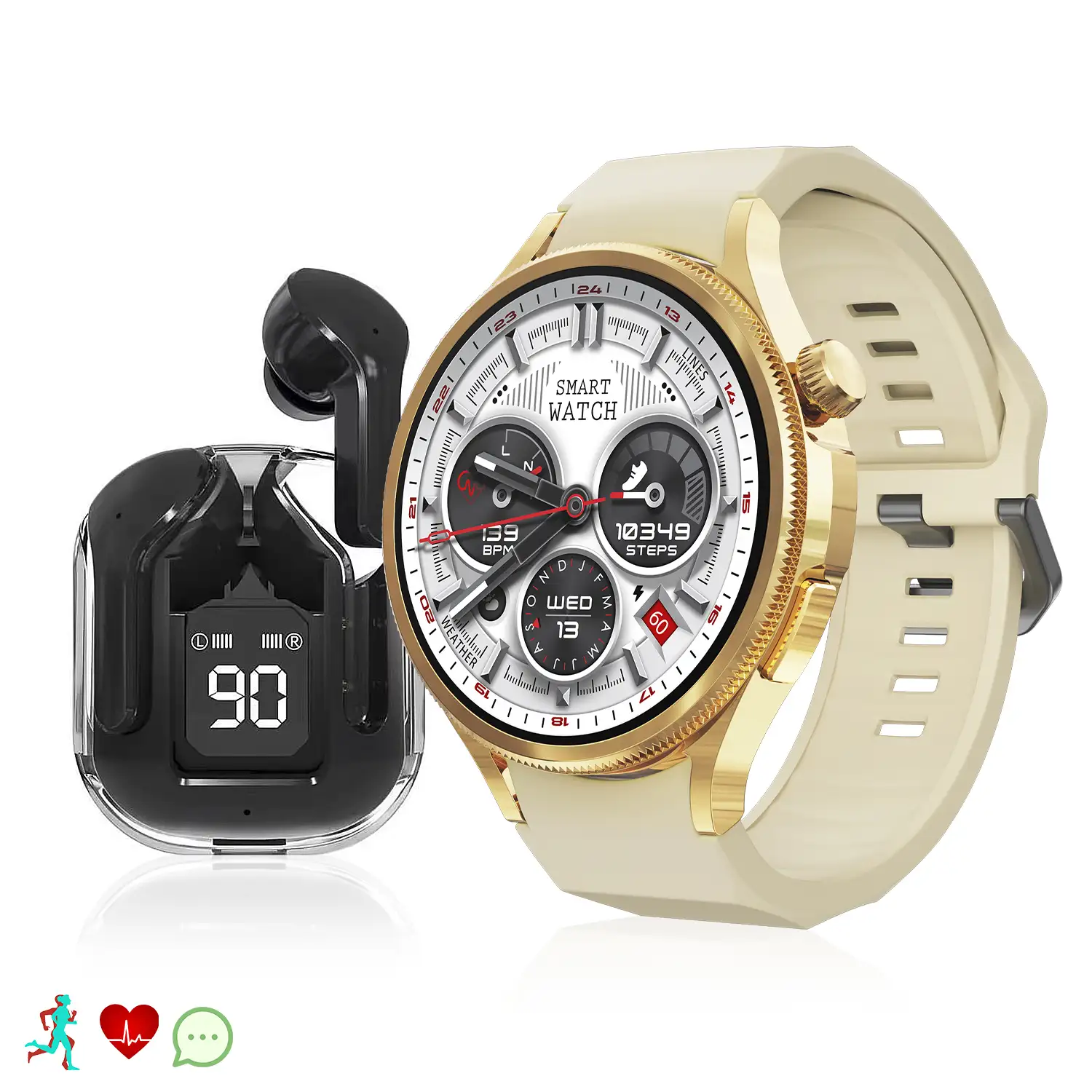Smartwatch M103 con monitor cardiovascular, varios modos de deporte. Correa de metal + correa de silicona y auriculares TWS.