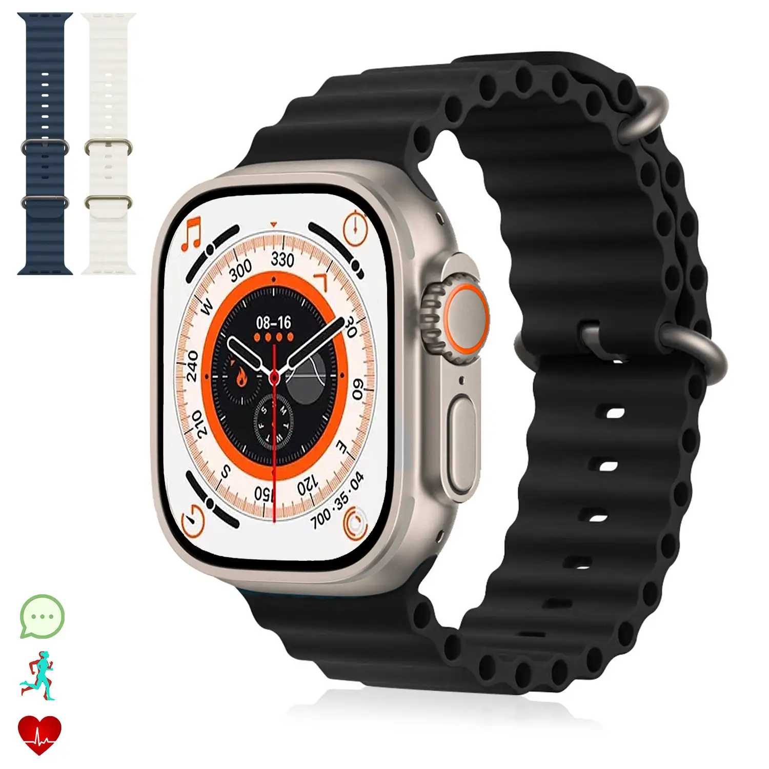 Smartwatch R9 ultra max con corona multifunción, monitor cardiaco, llamadas Bluetooth y varios modos de deporte. Incluye 3 correas de silicona, negra, blanca y azul.
