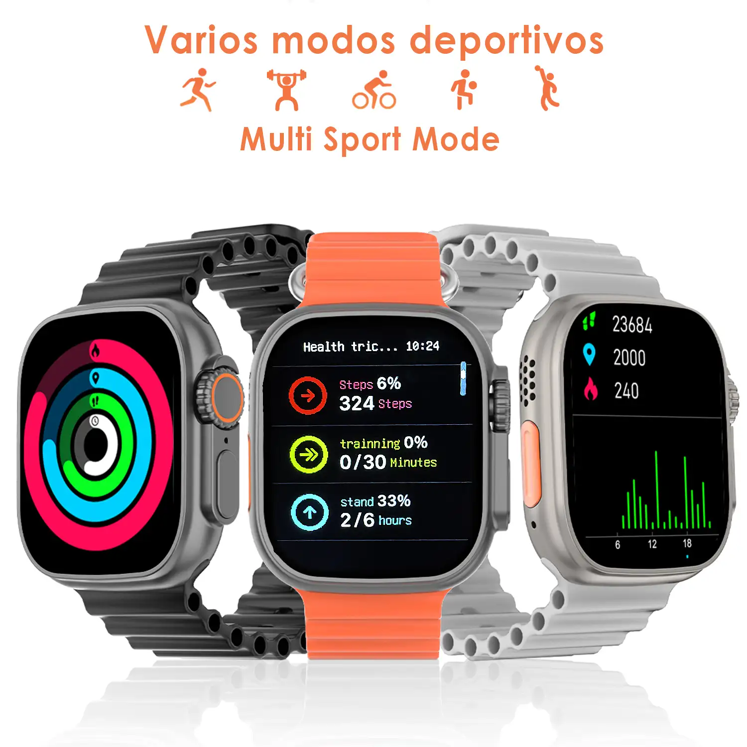 Smartwatch R9 ultra max con corona multifunción, monitor cardiaco, llamadas Bluetooth y varios modos de deporte. Incluye 3 correas de silicona, negra, blanca y azul.