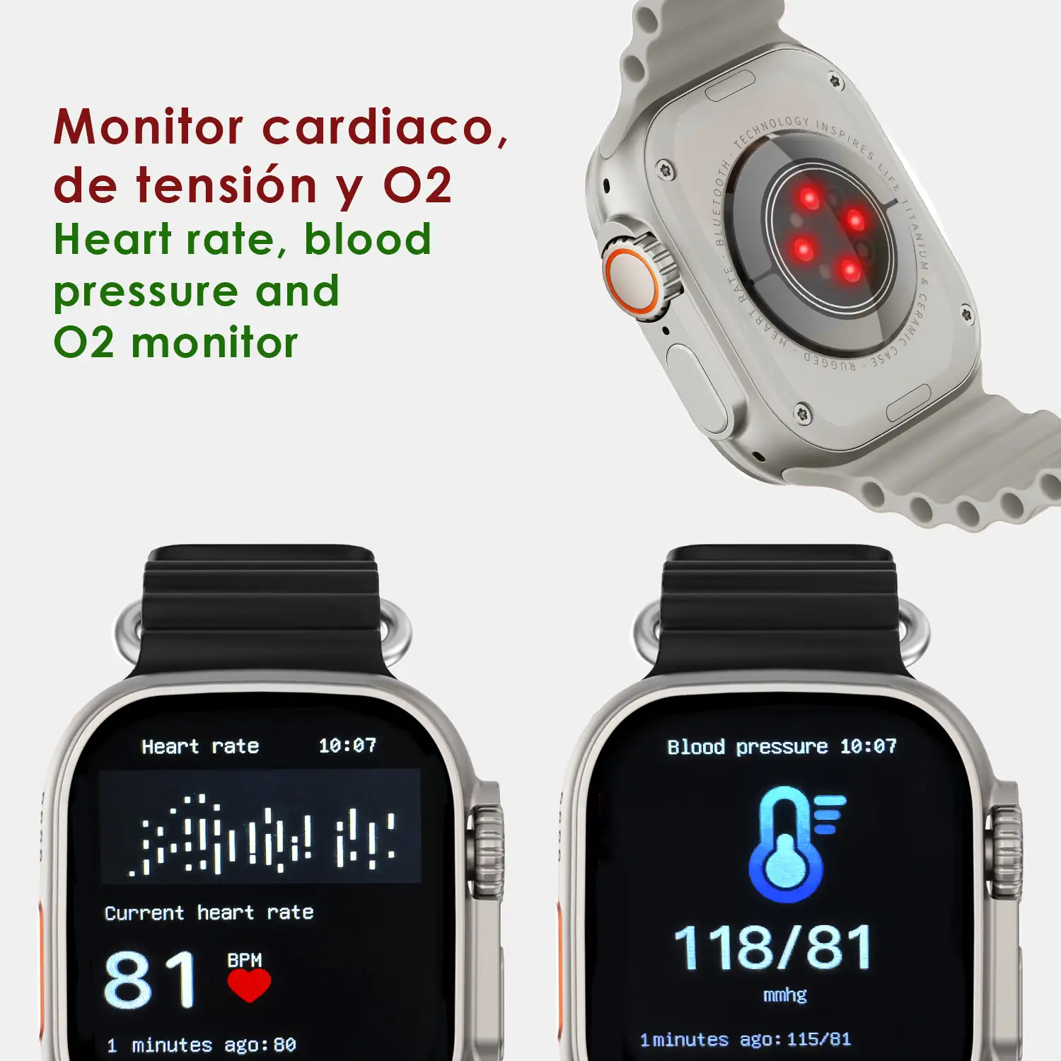 Smartwatch R9 ultra max con corona multifunción, monitor cardiaco, llamadas Bluetooth y varios modos de deporte. Incluye 3 correas de silicona, negra, blanca y azul.
