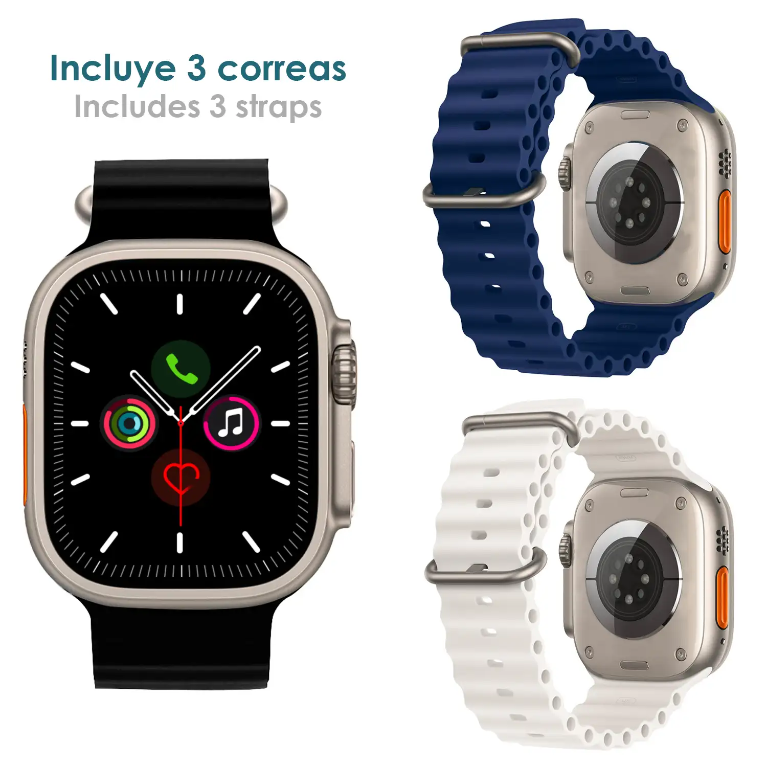 Smartwatch R9 ultra max con corona multifunción, monitor cardiaco, llamadas Bluetooth y varios modos de deporte. Incluye 3 correas de silicona, negra, blanca y azul.