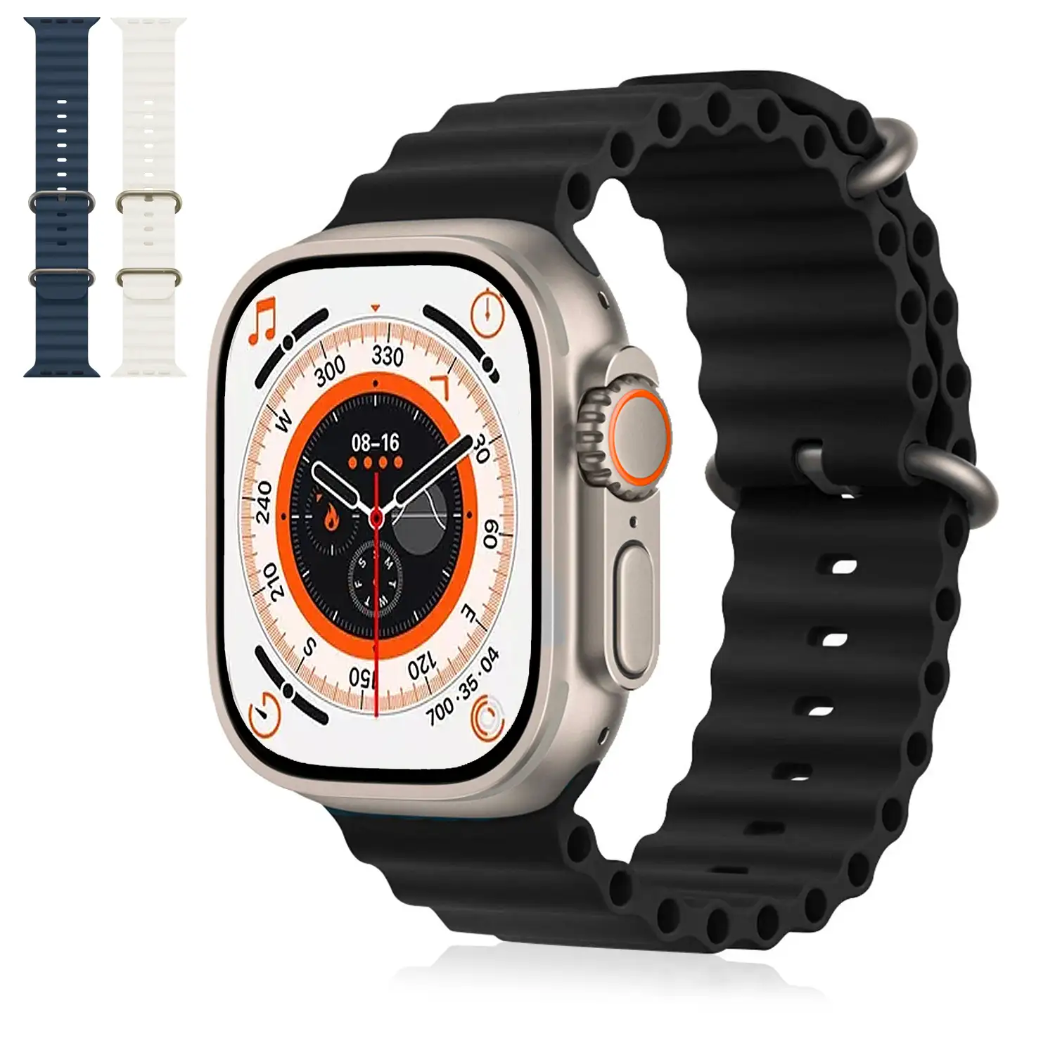 Smartwatch R9 ultra max con corona multifunción, monitor cardiaco, llamadas Bluetooth y varios modos de deporte. Incluye 3 correas de silicona, negra, blanca y azul.