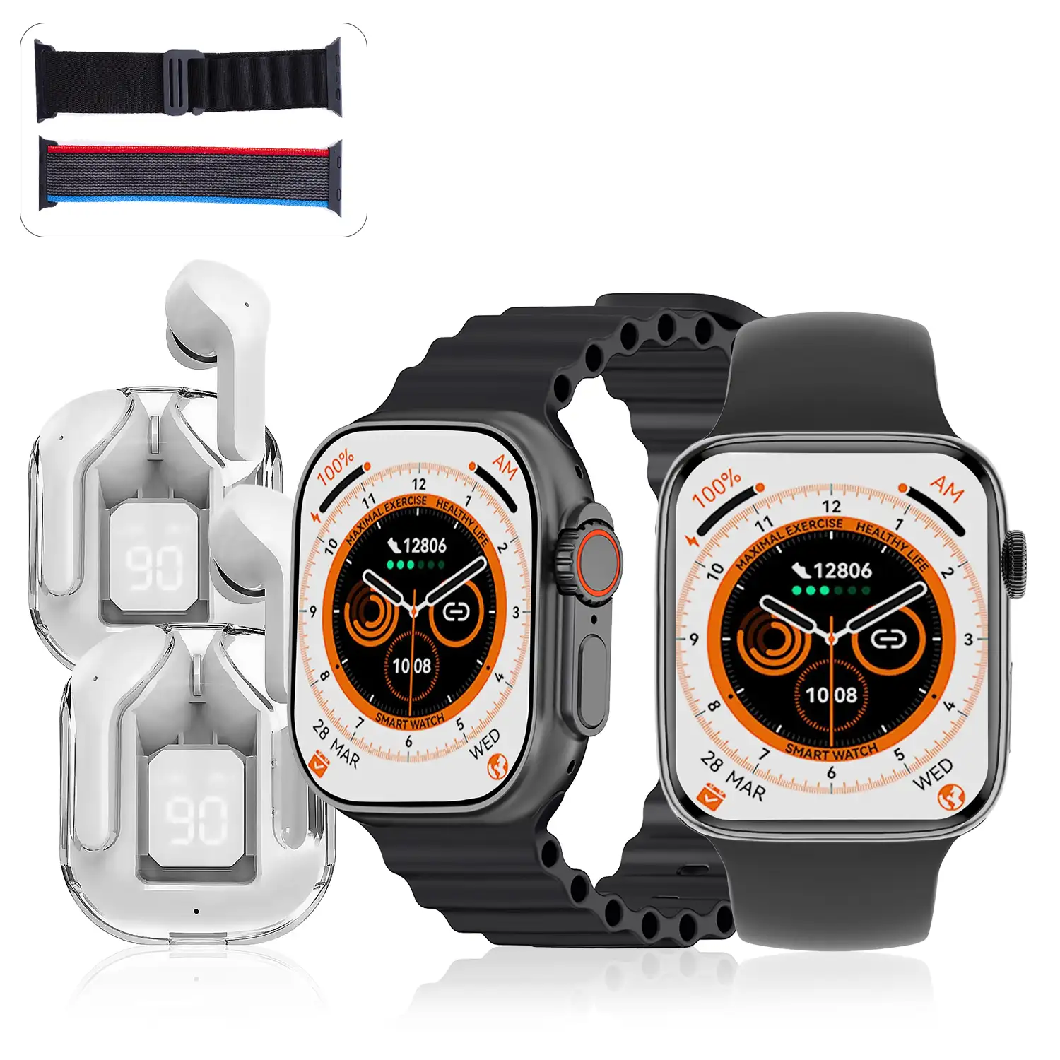 Pack de 2 Smartwatch S9, con 2 auriculares TWS, y juego de 4 correas. Sensor de medición de ritmo cardíaco, presión arterial, oxígeno en sangre y ECG. Varios modos deportivos.