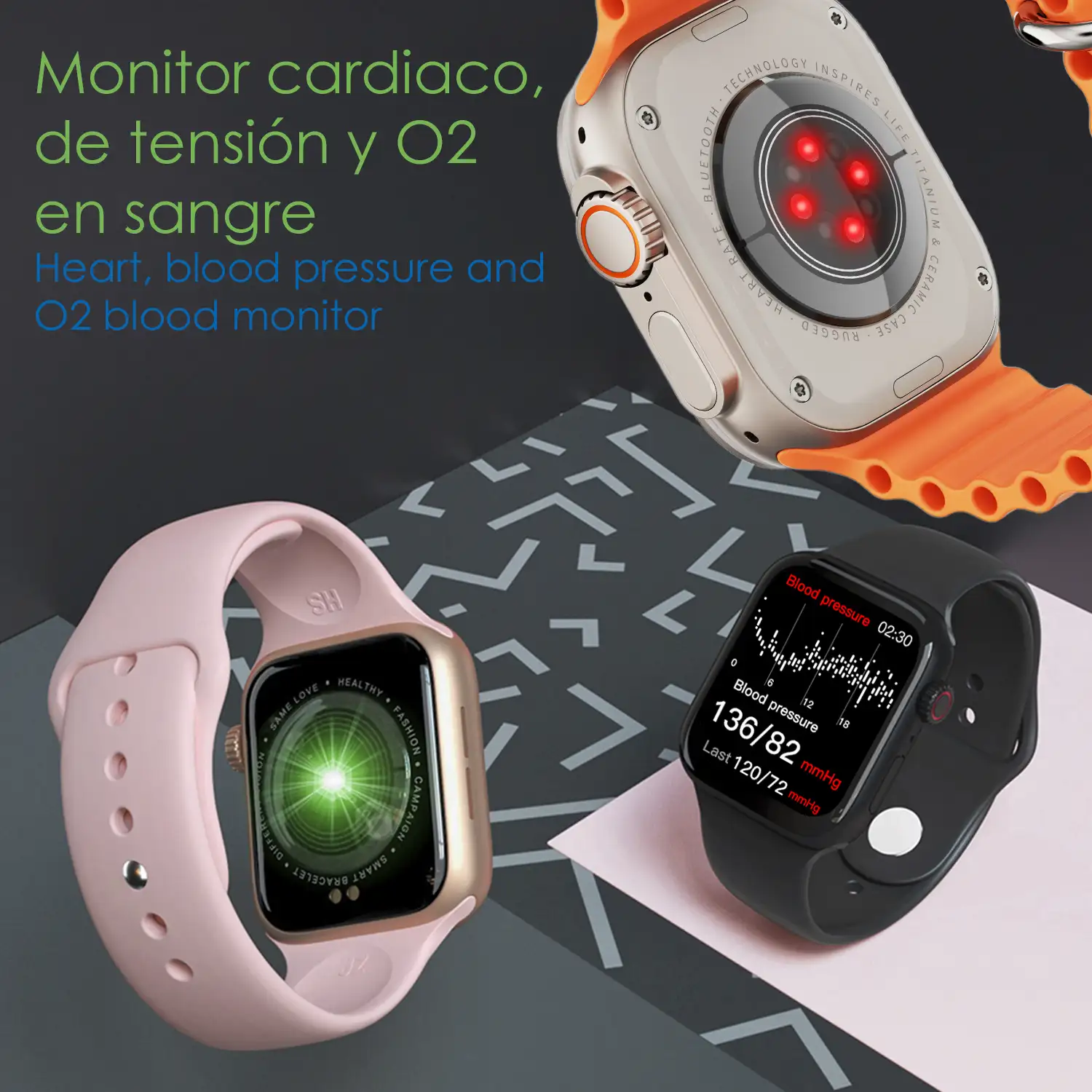 Pack de 2 Smartwatch S9, con 2 auriculares TWS, y juego de 4 correas. Sensor de medición de ritmo cardíaco, presión arterial, oxígeno en sangre y ECG. Varios modos deportivos.