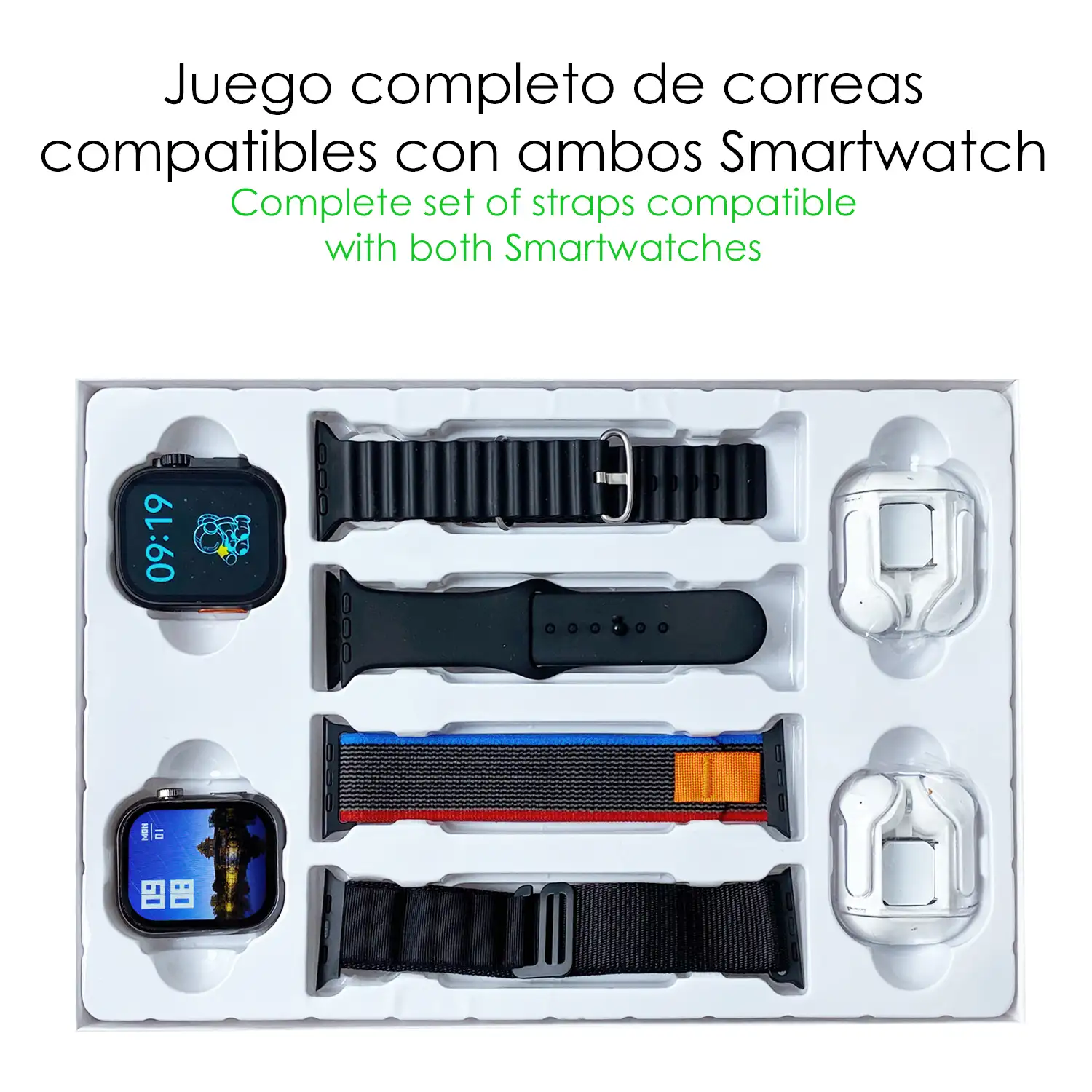 Pack de 2 Smartwatch S9, con 2 auriculares TWS, y juego de 4 correas. Sensor de medición de ritmo cardíaco, presión arterial, oxígeno en sangre y ECG. Varios modos deportivos.