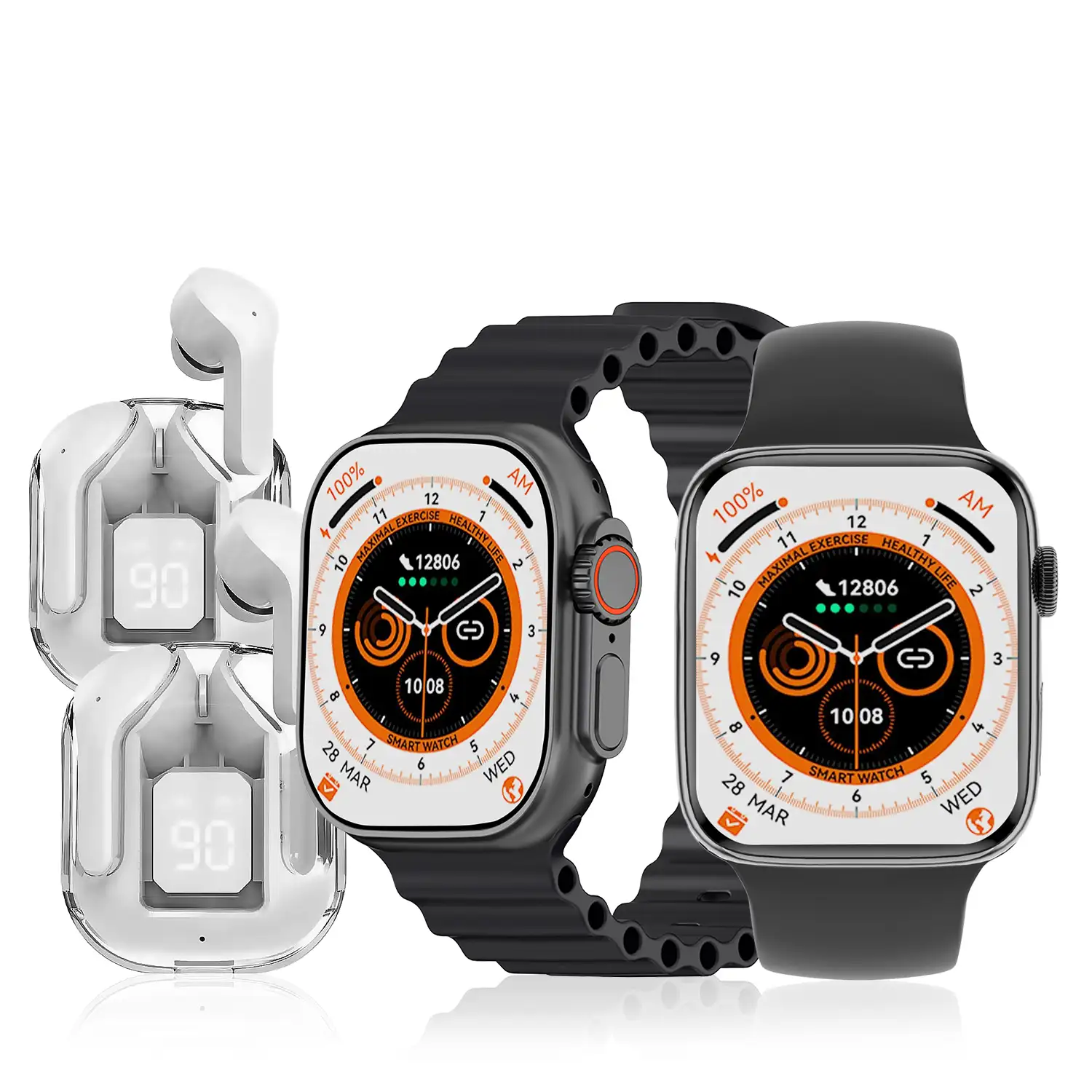 Pack de 2 Smartwatch S9, con 2 auriculares TWS, y juego de 4 correas. Sensor de medición de ritmo cardíaco, presión arterial, oxígeno en sangre y ECG. Varios modos deportivos.