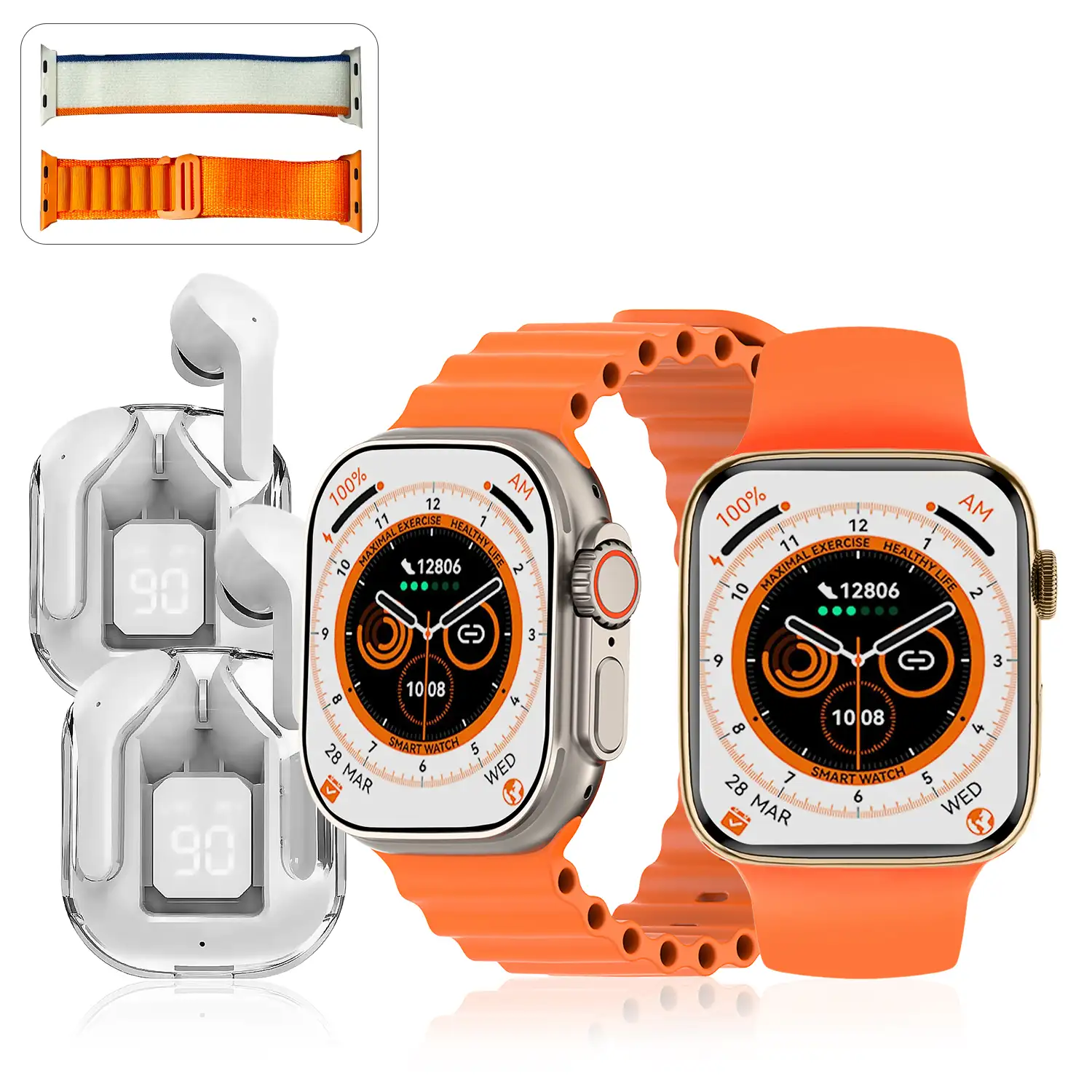Pack de 2 Smartwatch S9, con 2 auriculares TWS, y juego de 4 correas. Sensor de medición de ritmo cardíaco, presión arterial, oxígeno en sangre y ECG. Varios modos deportivos.