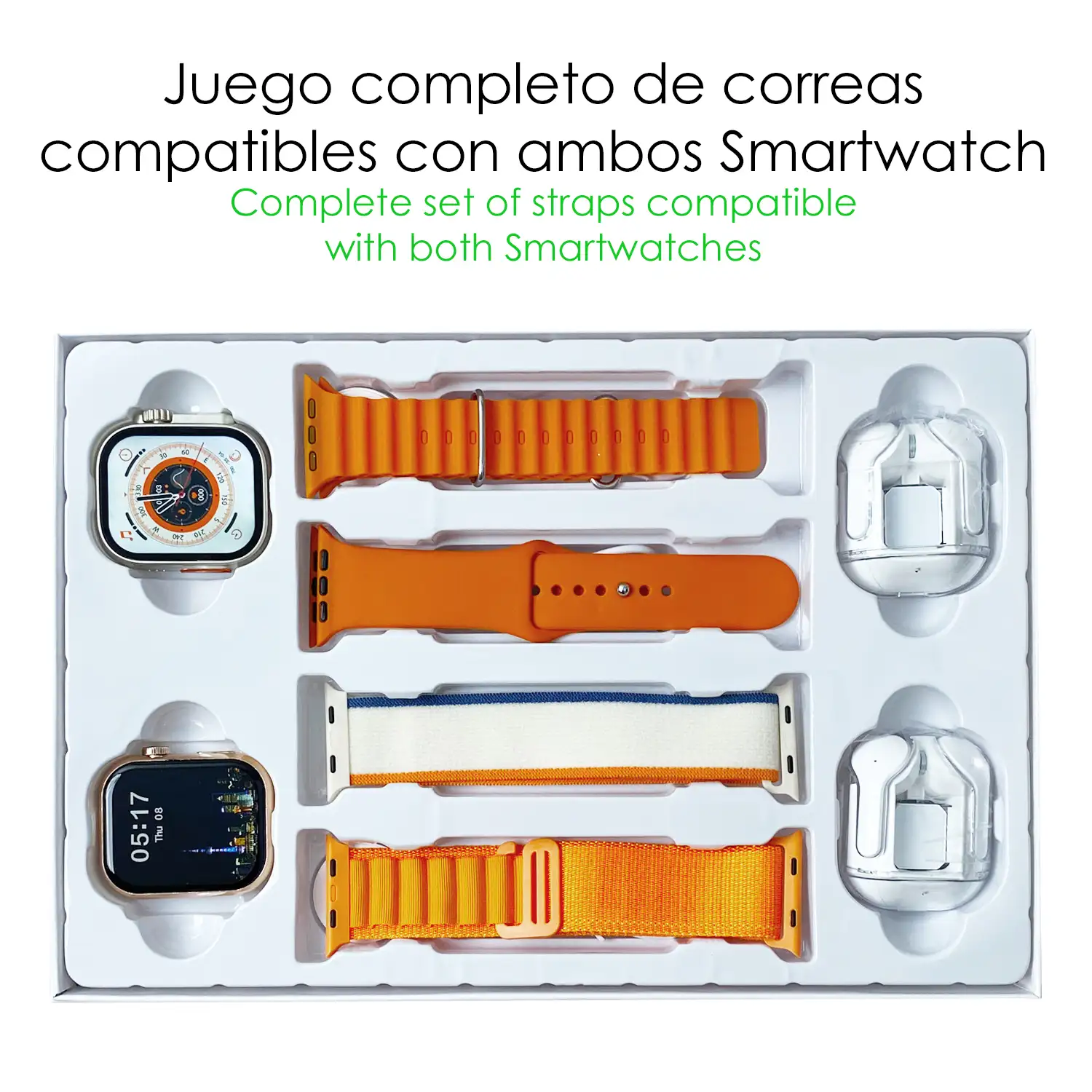 Pack de 2 Smartwatch S9, con 2 auriculares TWS, y juego de 4 correas. Sensor de medición de ritmo cardíaco, presión arterial, oxígeno en sangre y ECG. Varios modos deportivos.