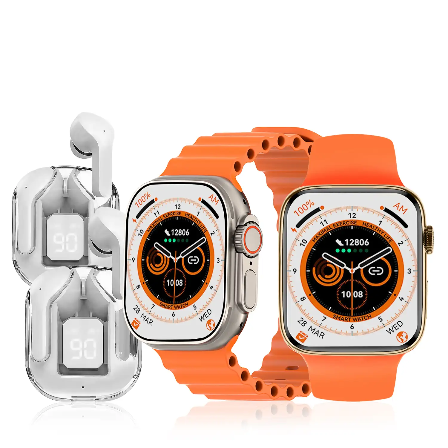 Pack de 2 Smartwatch S9, con 2 auriculares TWS, y juego de 4 correas. Sensor de medición de ritmo cardíaco, presión arterial, oxígeno en sangre y ECG. Varios modos deportivos.