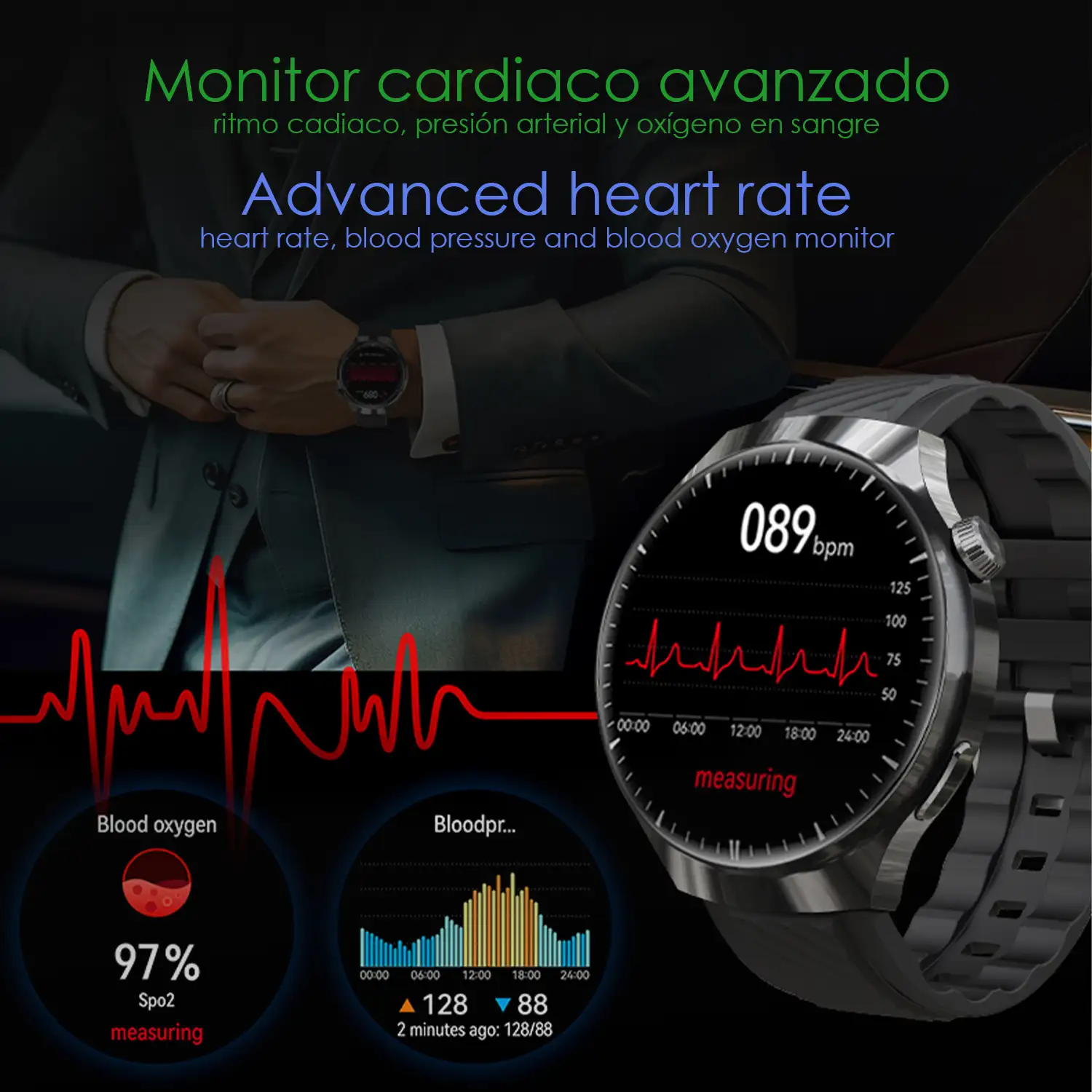 Smartwatch Watch 4 Pro con llamadas Bluetooth, dos correas (metal y cuero), modos de deporte, monitoreo de salud y corona multifunción