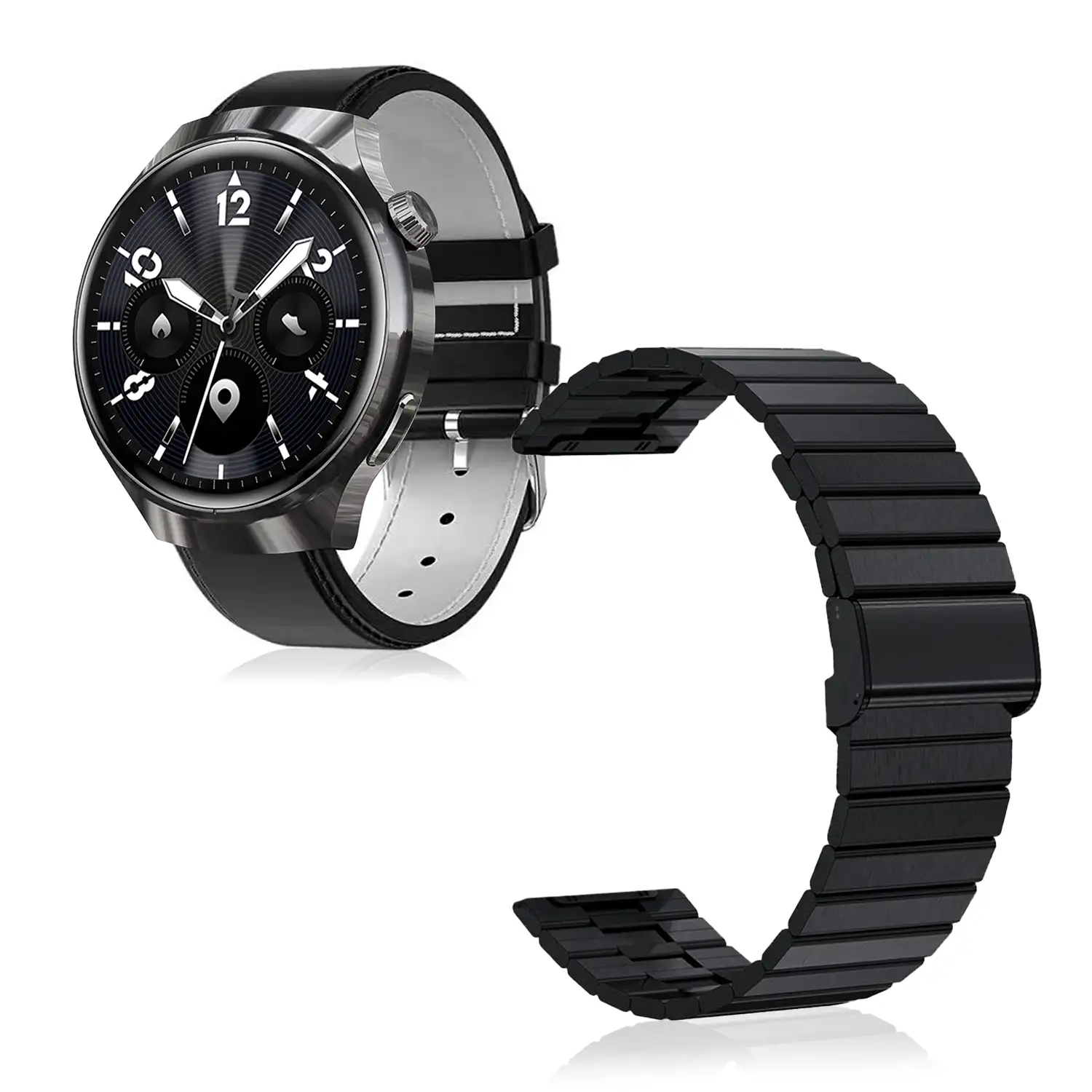 Smartwatch Watch 4 Pro con llamadas Bluetooth, dos correas (metal y cuero), modos de deporte, monitoreo de salud y corona multifunción