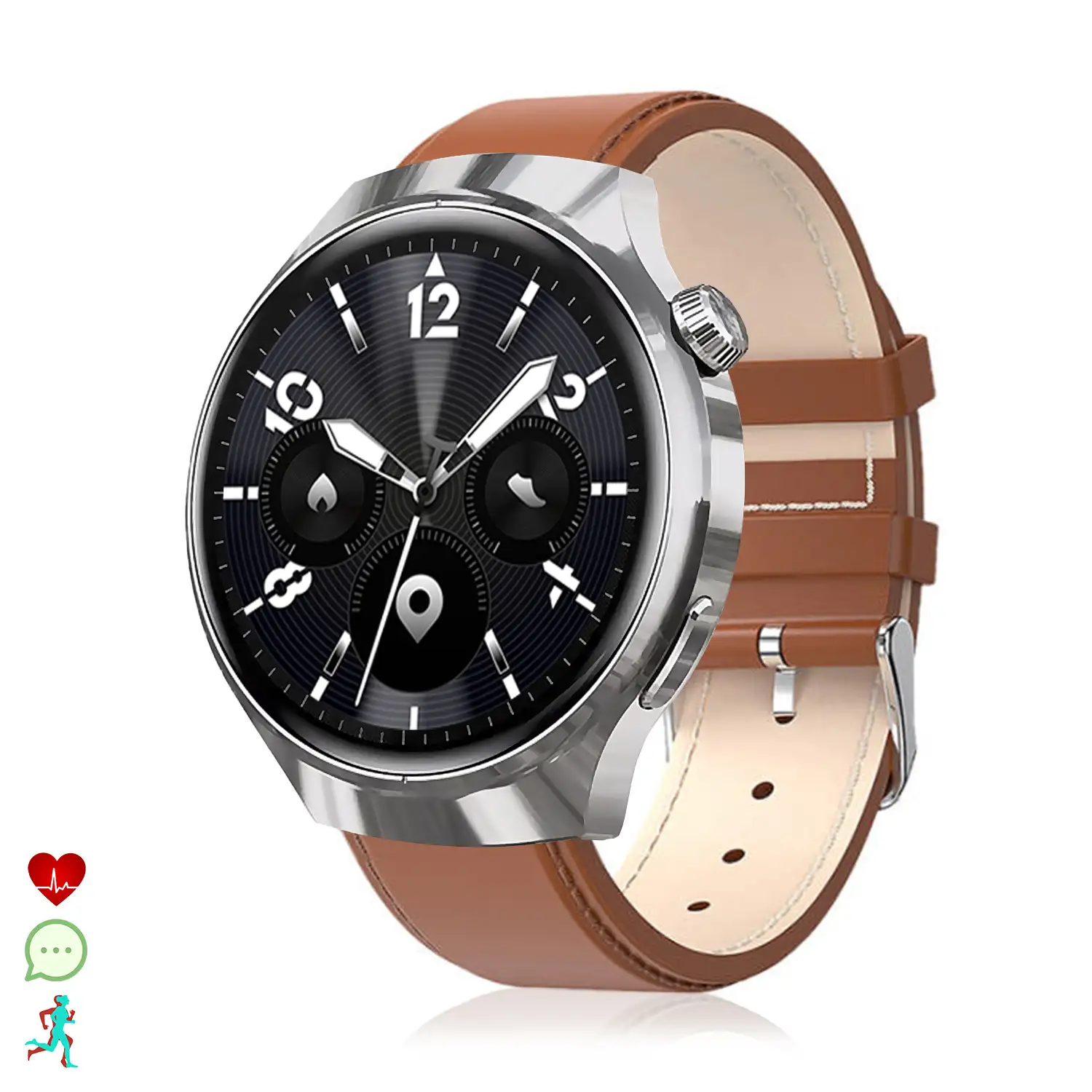 Smartwatch Watch 4 Pro con llamadas Bluetooth, dos correas (metal y cuero), modos de deporte, monitoreo de salud y corona multifunción