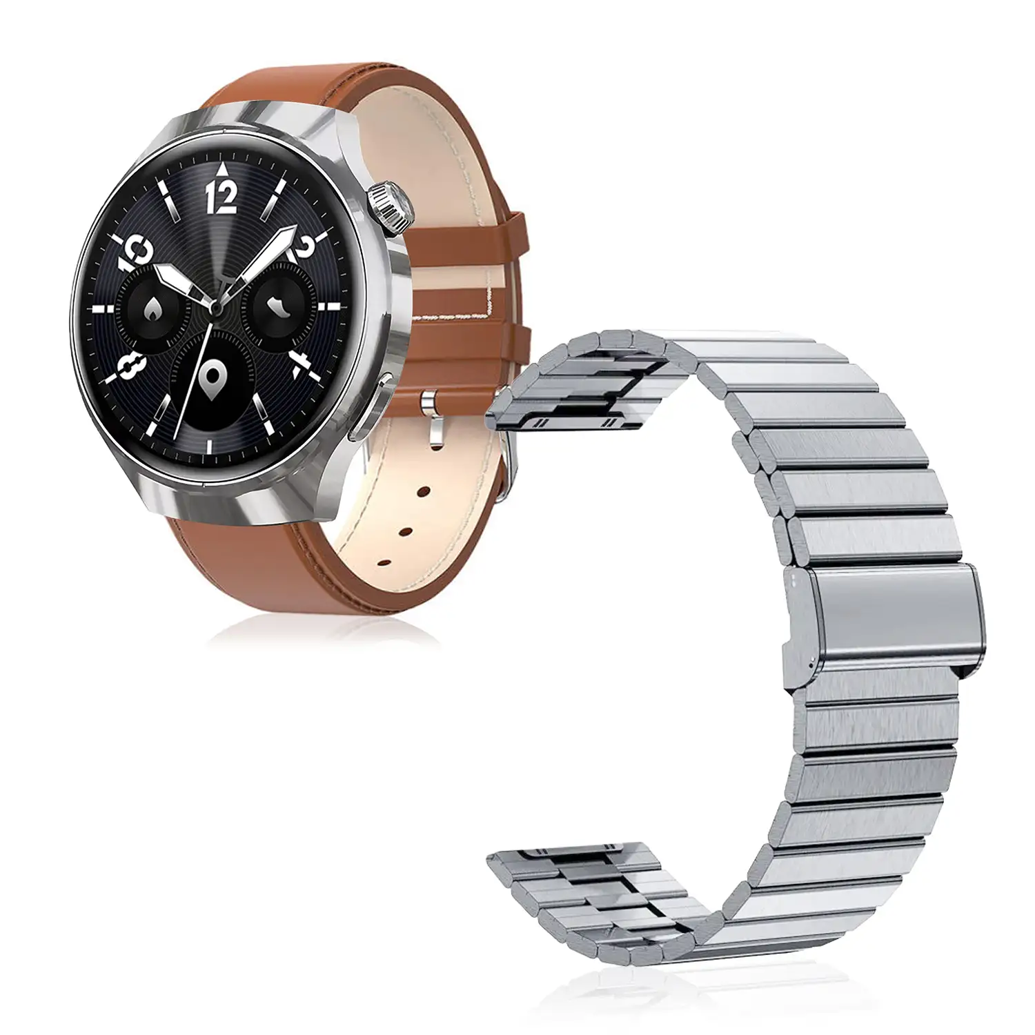 Smartwatch Watch 4 Pro con llamadas Bluetooth, dos correas (metal y cuero), modos de deporte, monitoreo de salud y corona multifunción