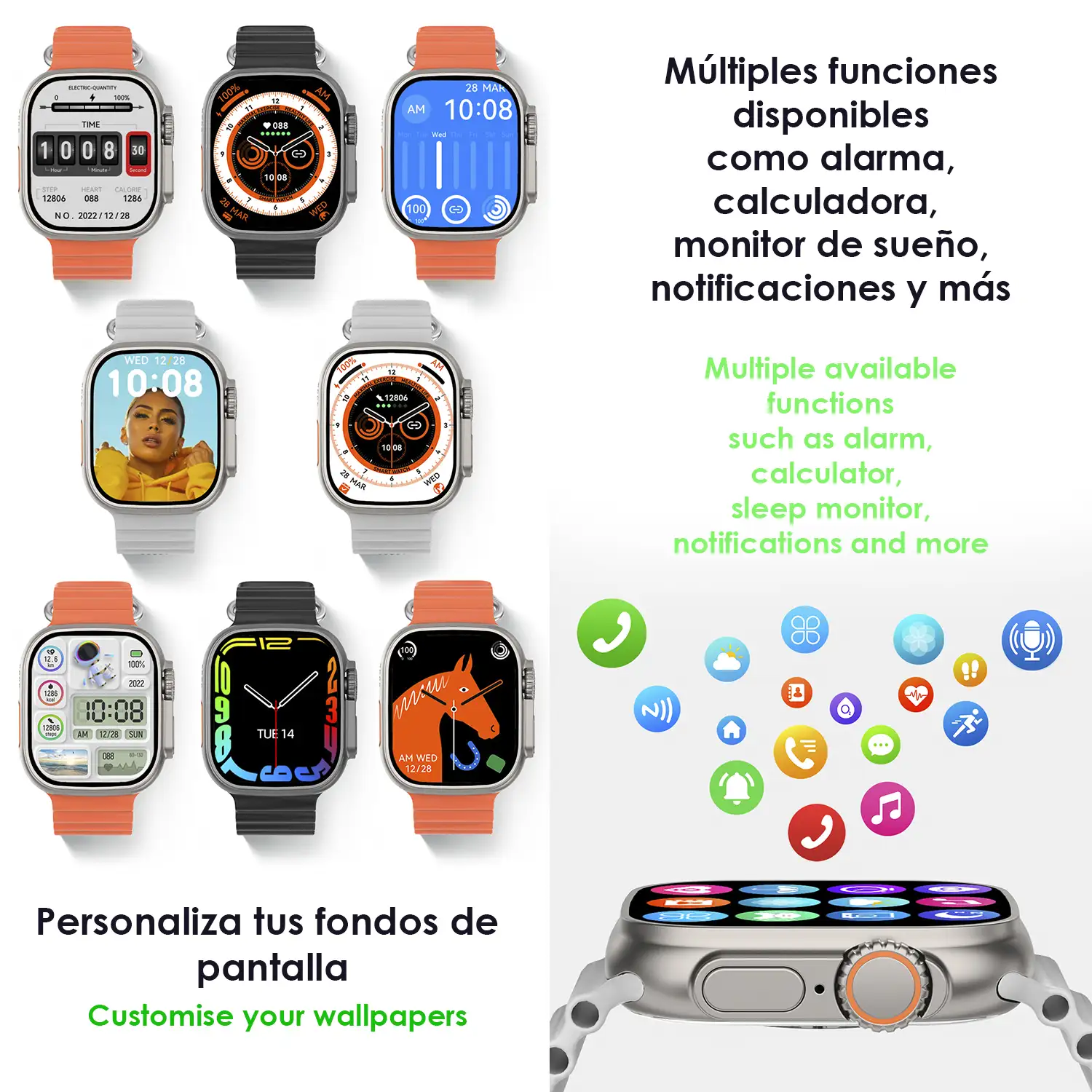 Smartwatch Z55 Ultra2 con llamadas Bluetooth, monitor de salud, modos deportivos, corona multifunción y botón de acceso rápido configurable.