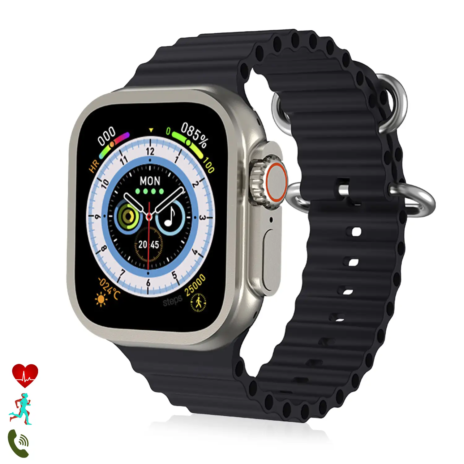 Smartwatch J68+ modos de deporte y sensores de salud, avisos de notificaciones y llamadas bluetooth. Corona multifunción.