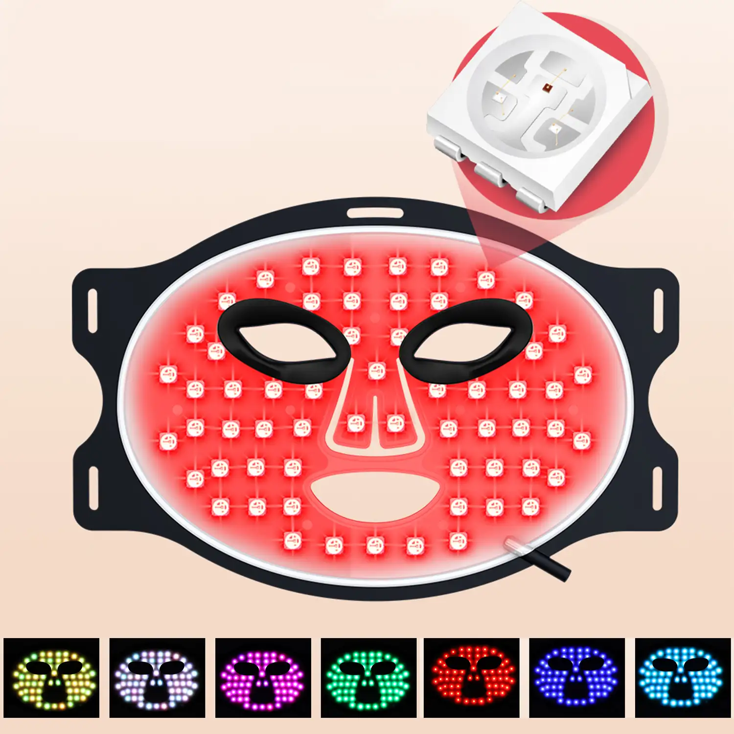 Máscara facial de tratamiento de luz LED con 7 colores y 3 niveles de intensidad de brillo.