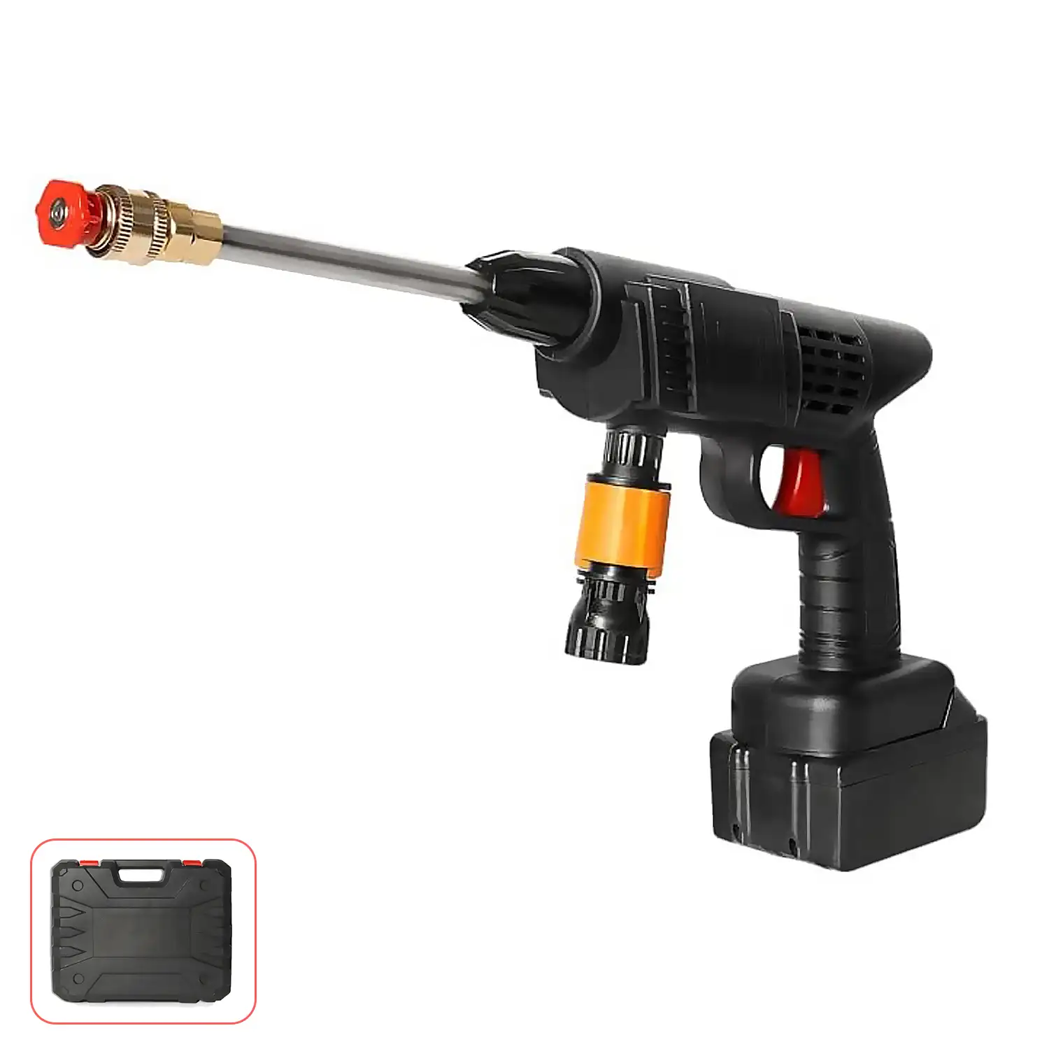 Pistola de lavado a presión con batería incorporada de 12000 mAh, 3 adaptadores de lavado diferentes, 300W de potencia y 25 bares de presión.