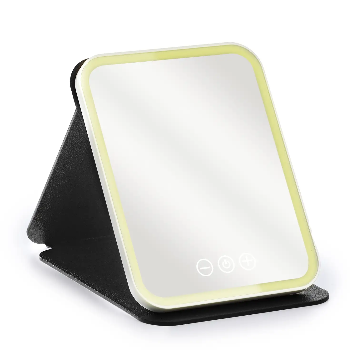 Espejo de maquillaje con funda plegable, luz led fría, normal y cálida. 5 niveles de intensidad.