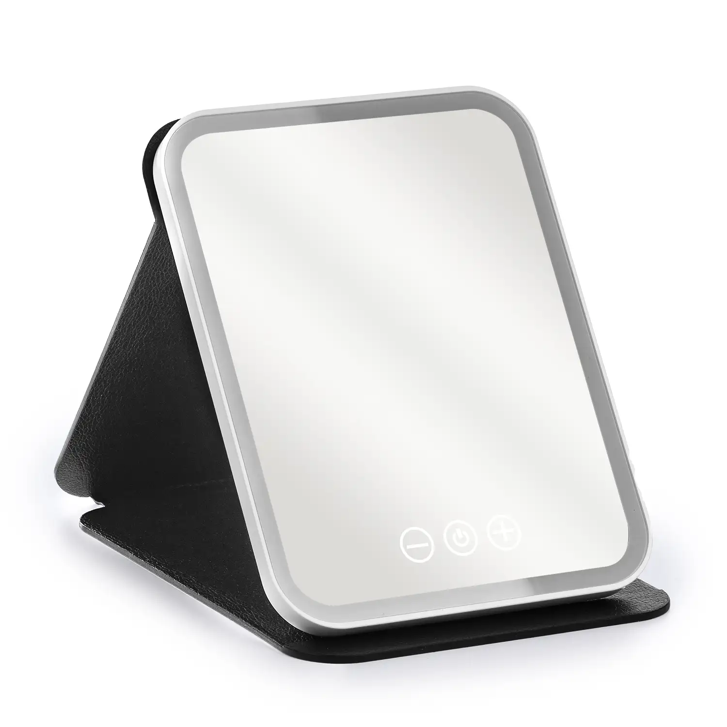 Espejo de maquillaje con funda plegable, luz led fría, normal y cálida. 5 niveles de intensidad.