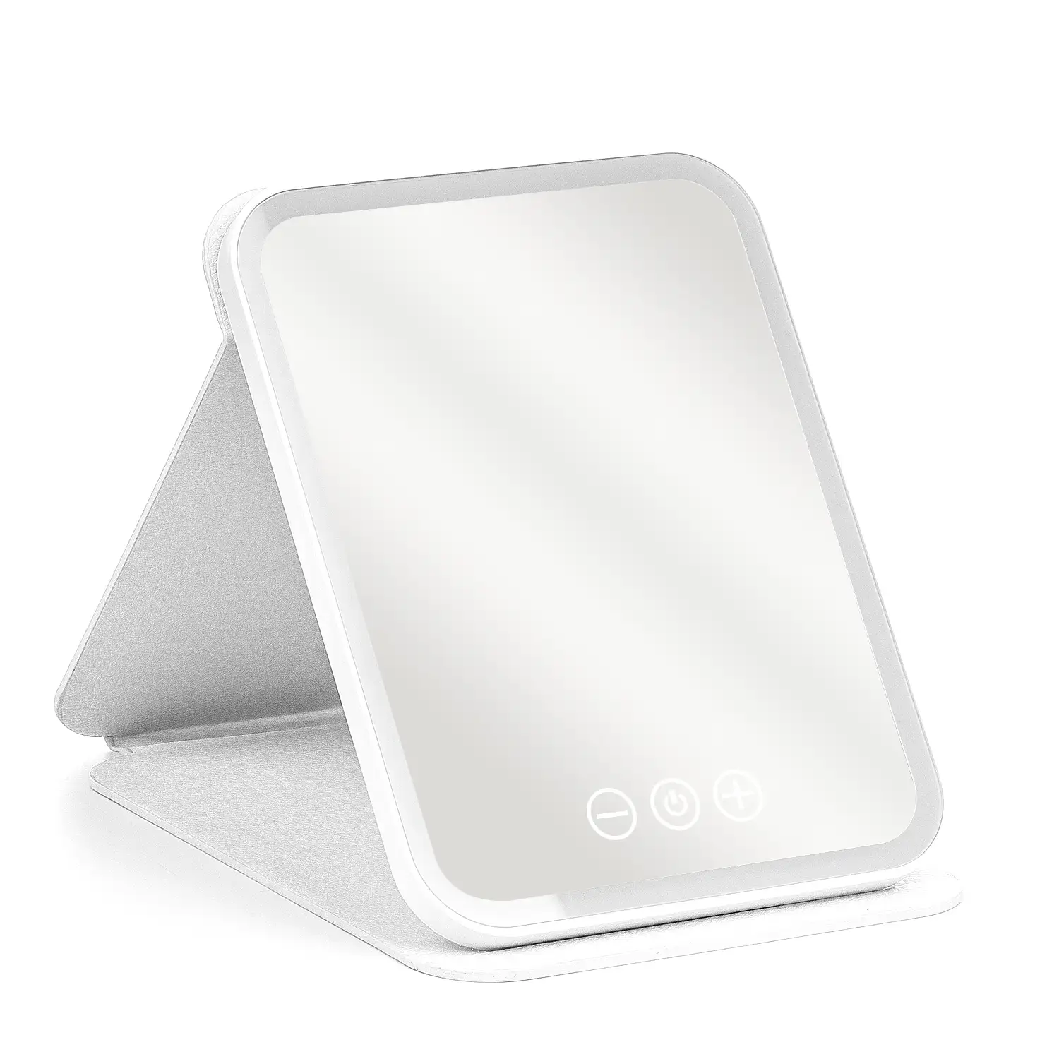 Espejo de maquillaje con funda plegable, luz led fría, normal y cálida. 5 niveles de intensidad.