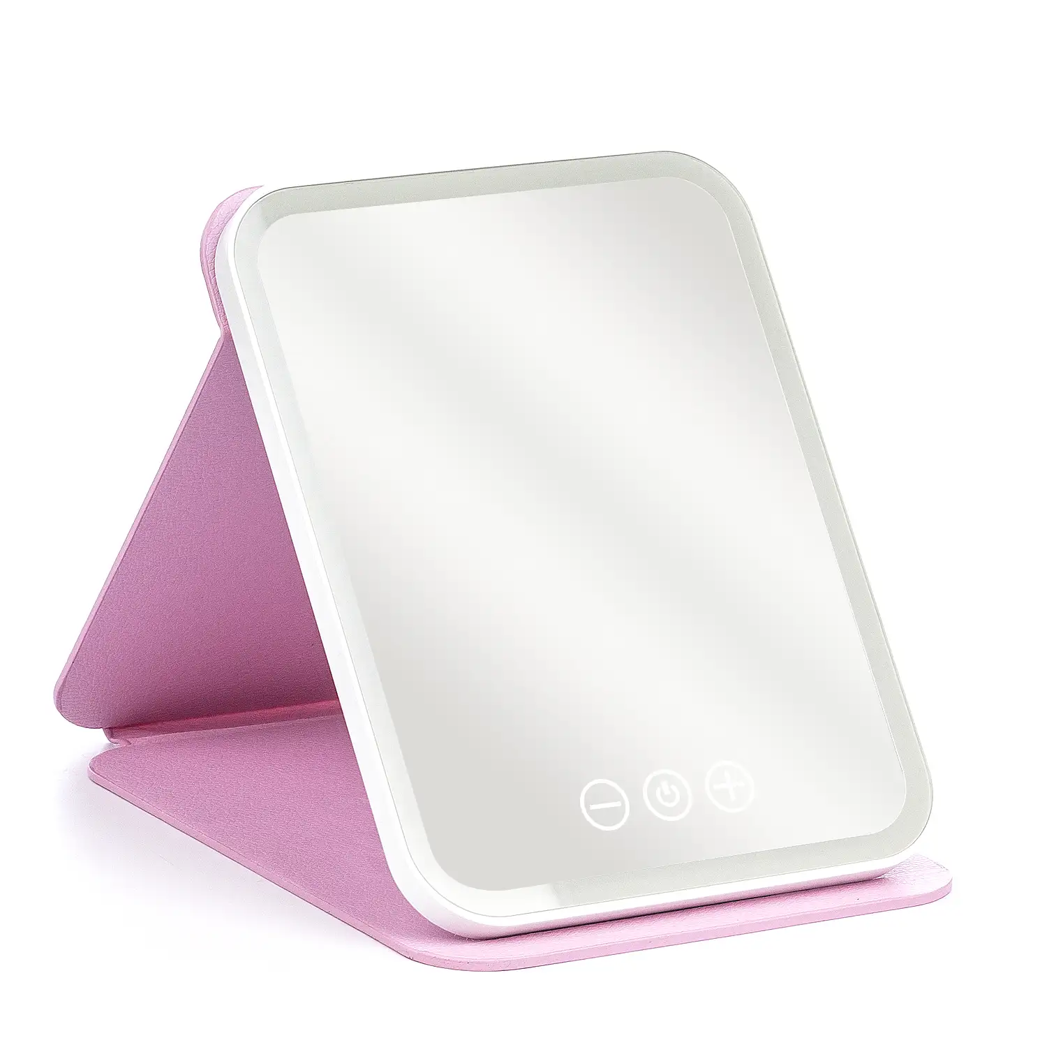 Espejo de maquillaje con funda plegable, luz led fría, normal y cálida. 5 niveles de intensidad.
