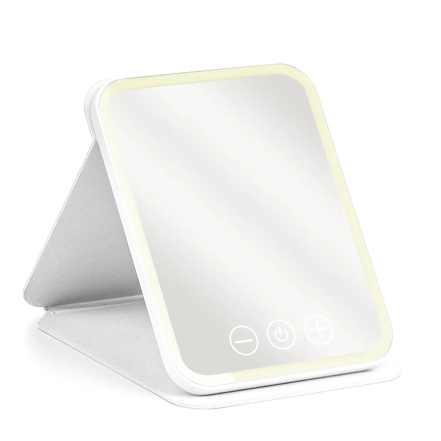 Espejo de maquillaje plegable, con luz led fría, normal y cálida, intensidad regulable. Tamaño compacto.