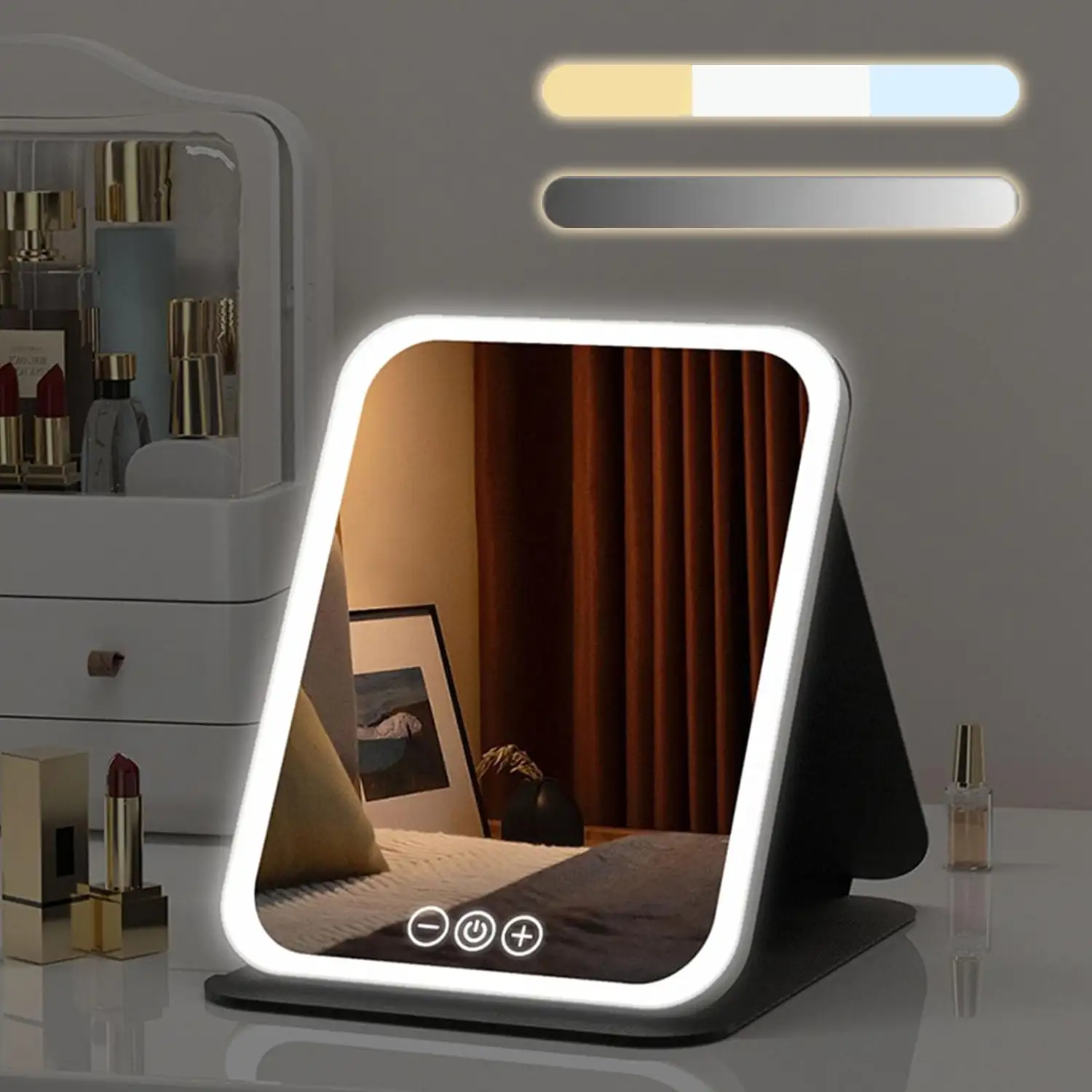 Espejo de maquillaje plegable, con luz led fría, normal y cálida, intensidad regulable. Tamaño compacto.
