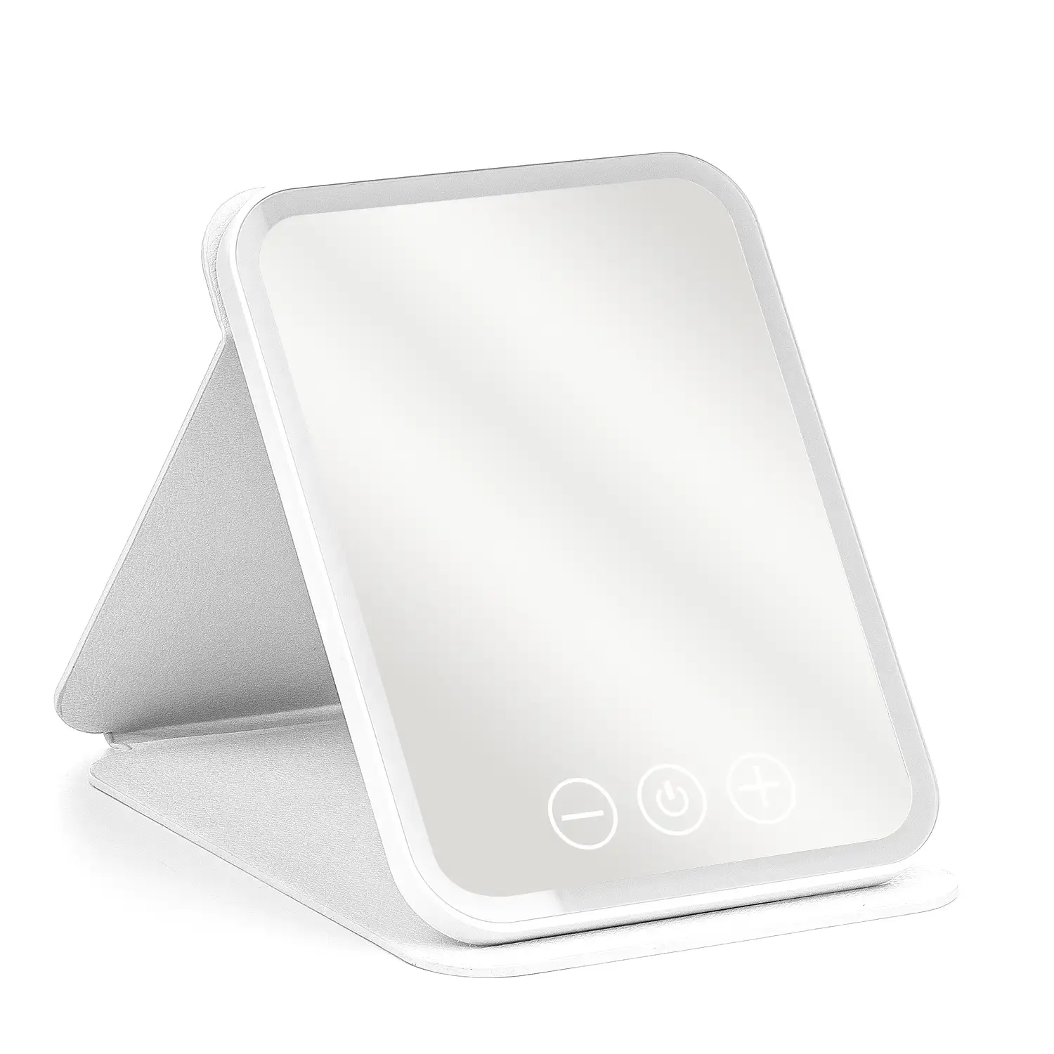 Espejo de maquillaje plegable, con luz led fría, normal y cálida, intensidad regulable. Tamaño compacto.