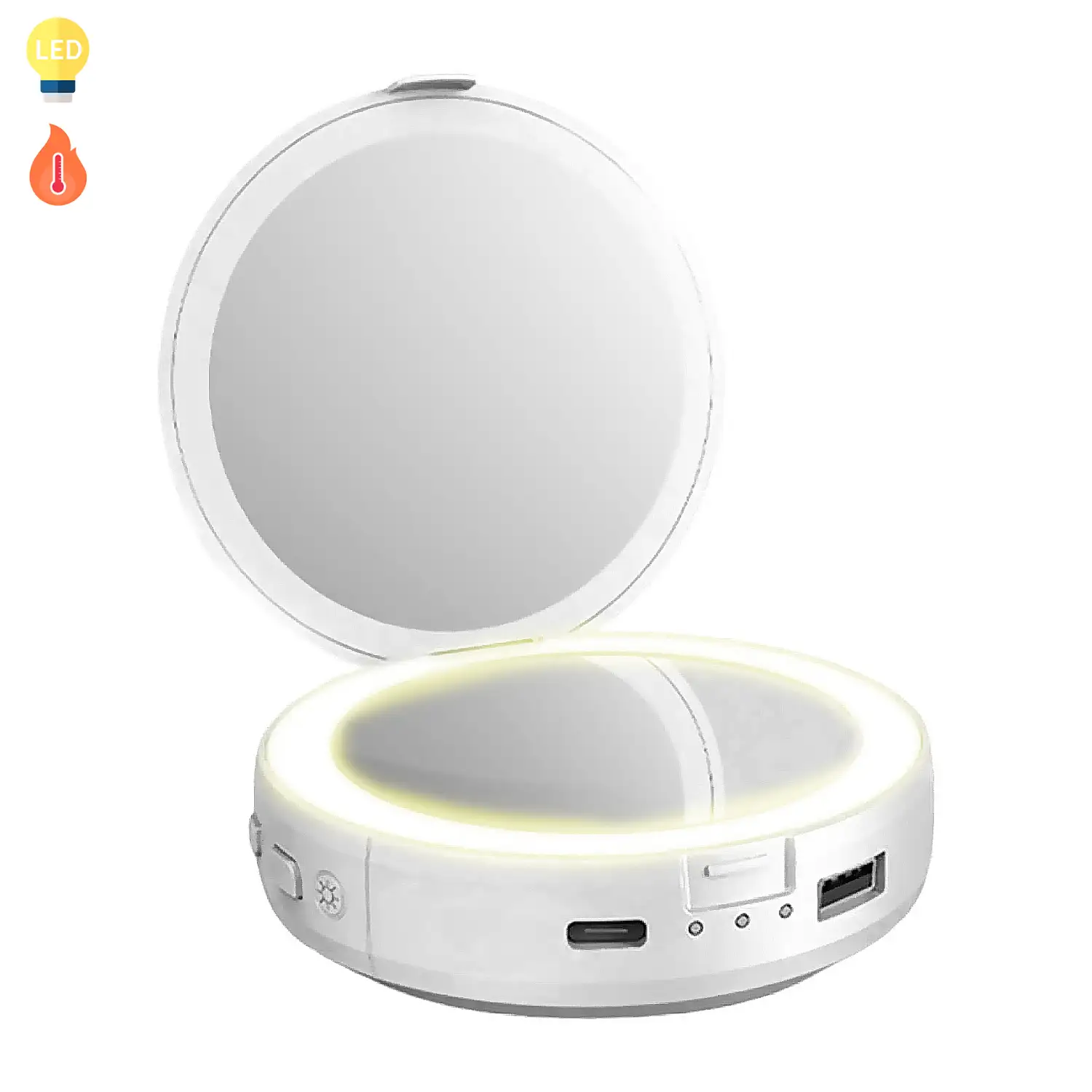 Espejo de maquillaje portátil con luz y calentador de manos.