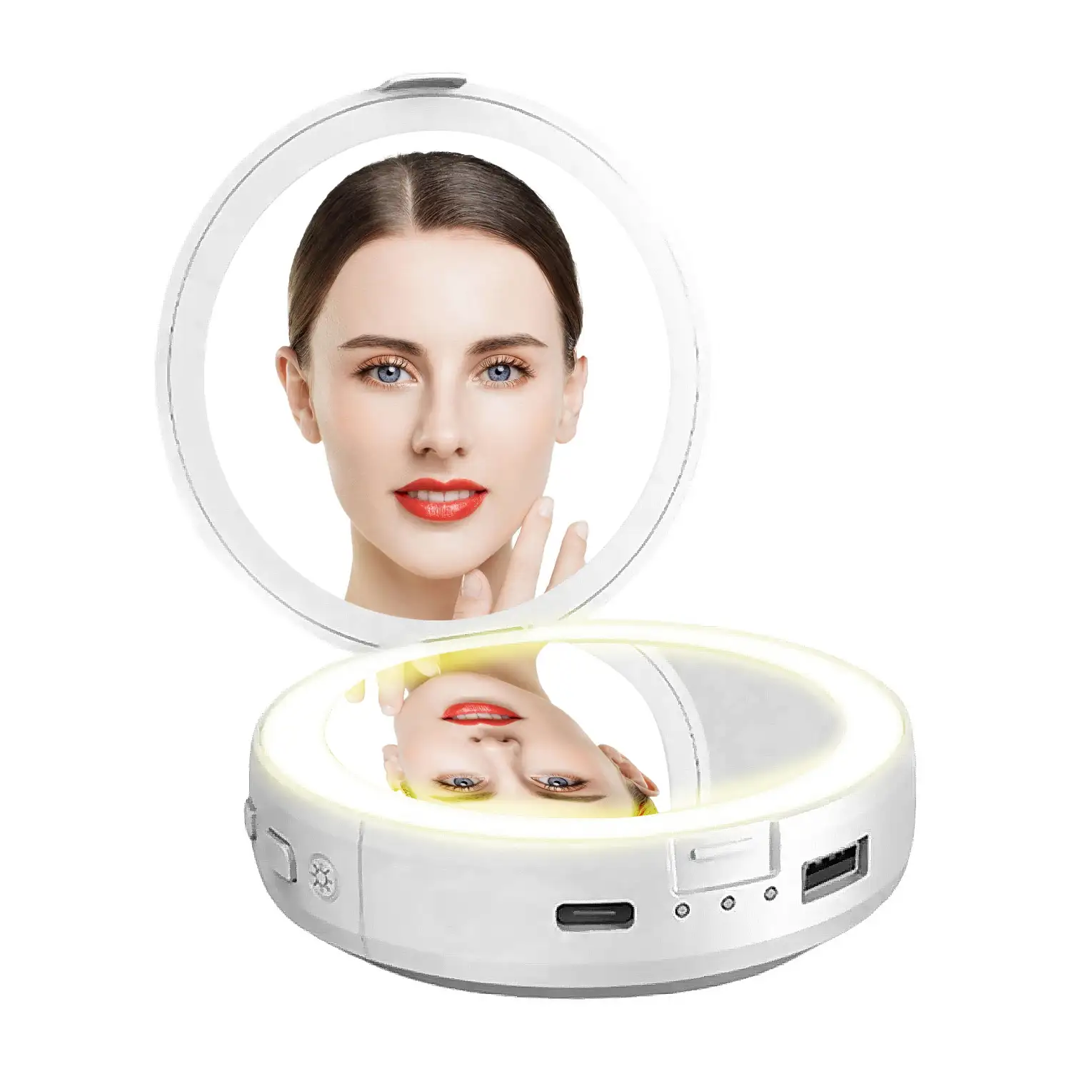 Espejo de maquillaje portátil con luz y calentador de manos.