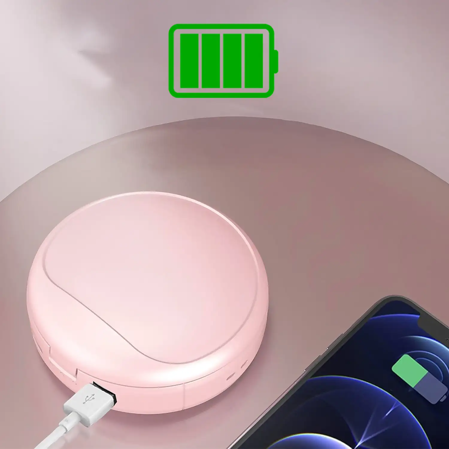 Espejo de maquillaje portátil con luz y calentador de manos.