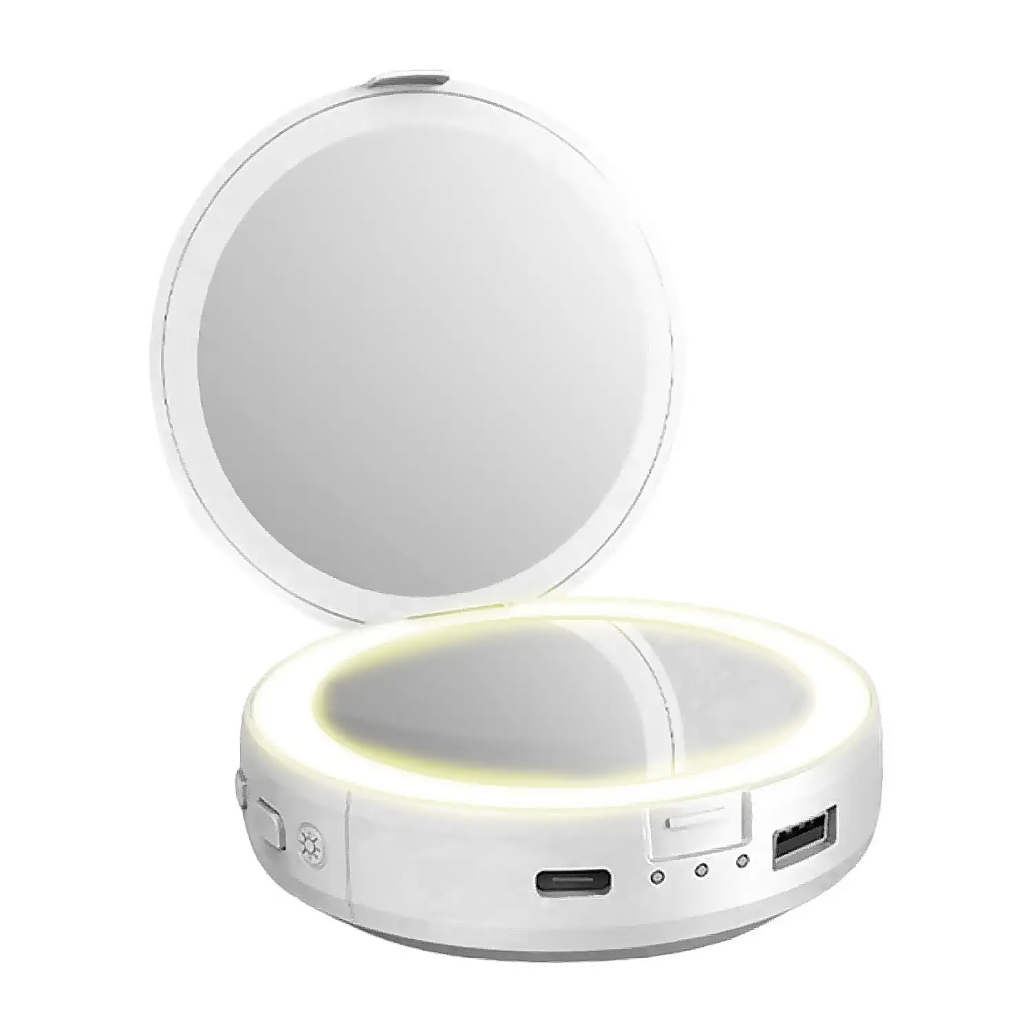 Espejo de maquillaje portátil con luz y calentador de manos.
